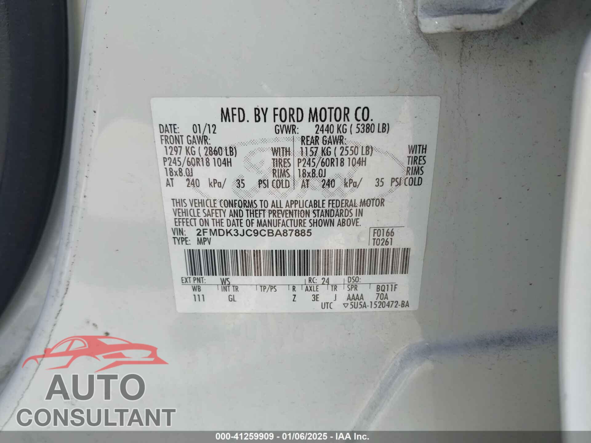 FORD EDGE 2012 - 2FMDK3JC9CBA87885