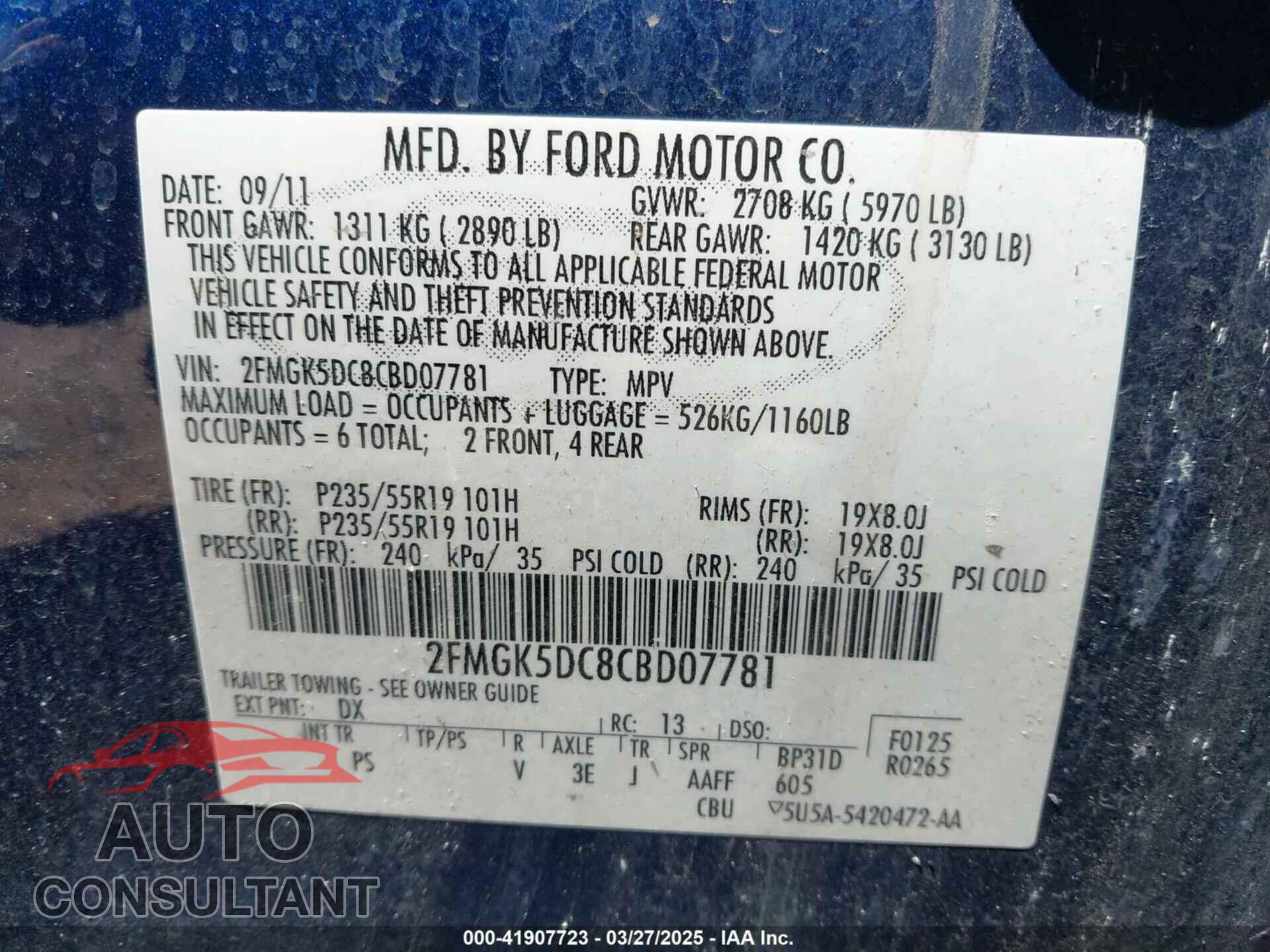 FORD FLEX 2012 - 2FMGK5DC8CBD07781