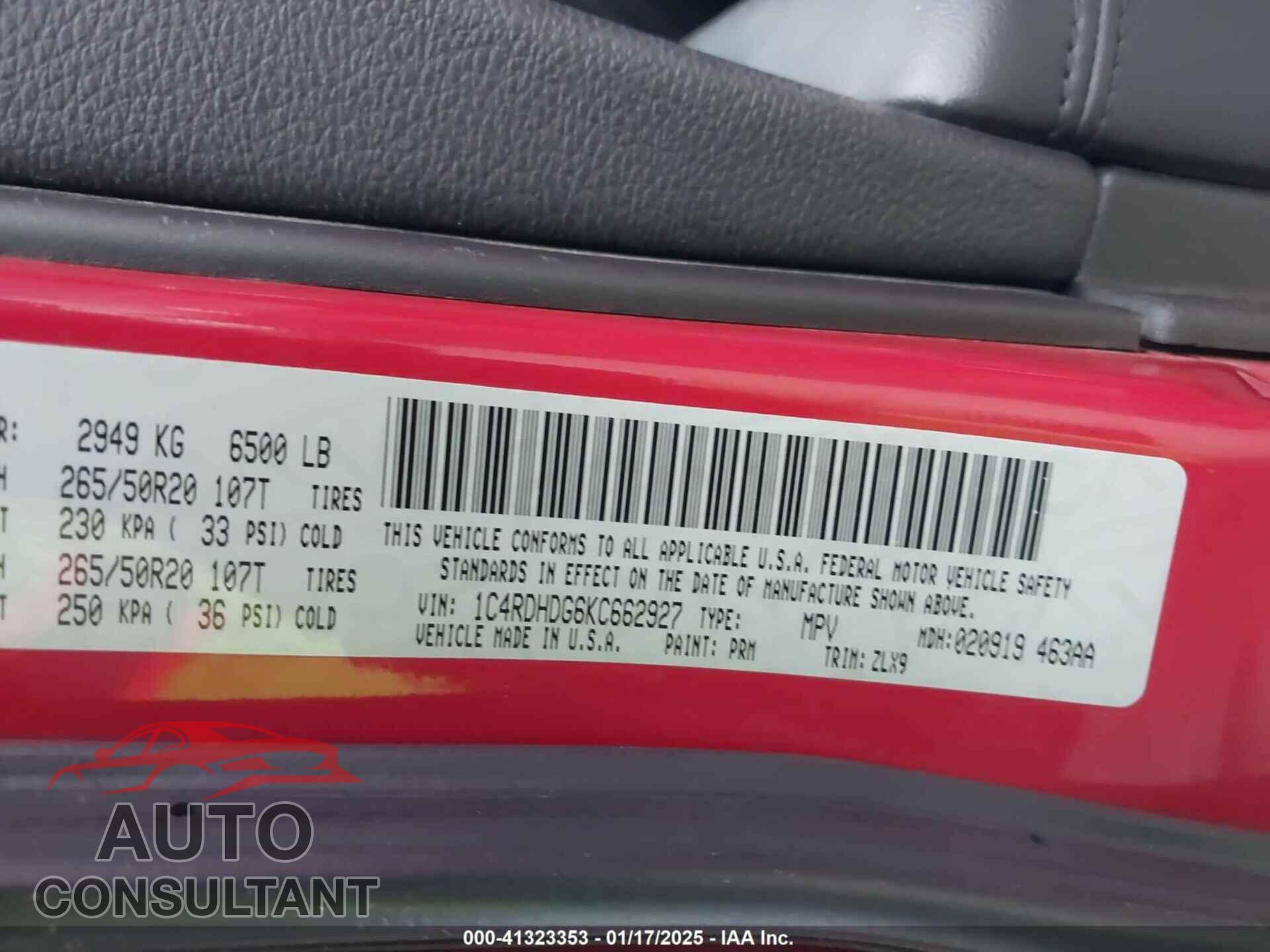 DODGE DURANGO 2019 - 1C4RDHDG6KC662927