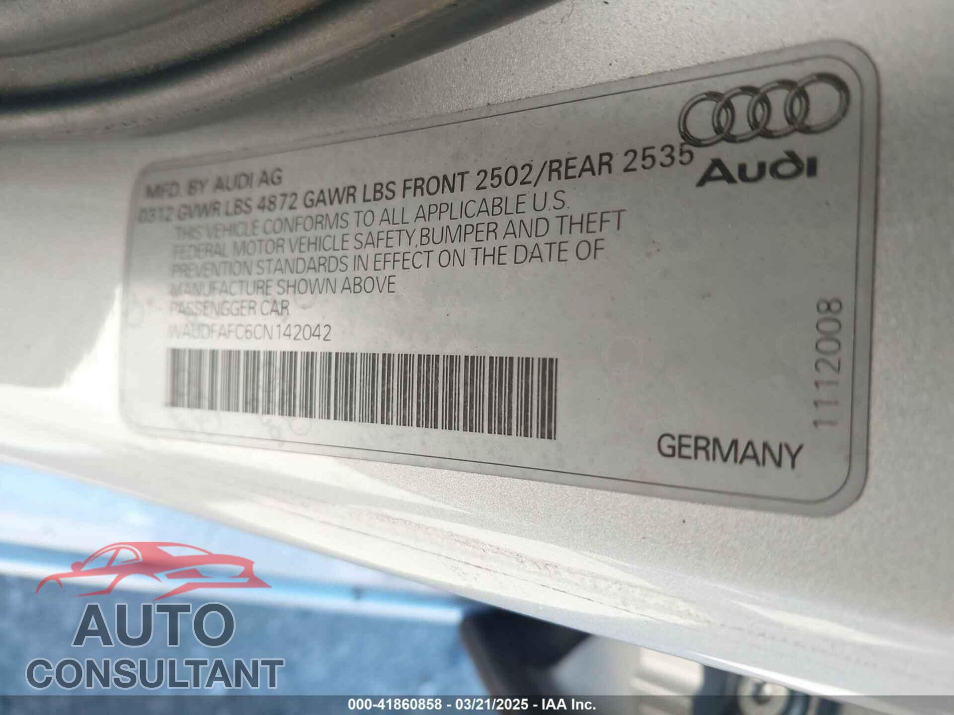 AUDI A6 2012 - WAUDFAFC6CN142042