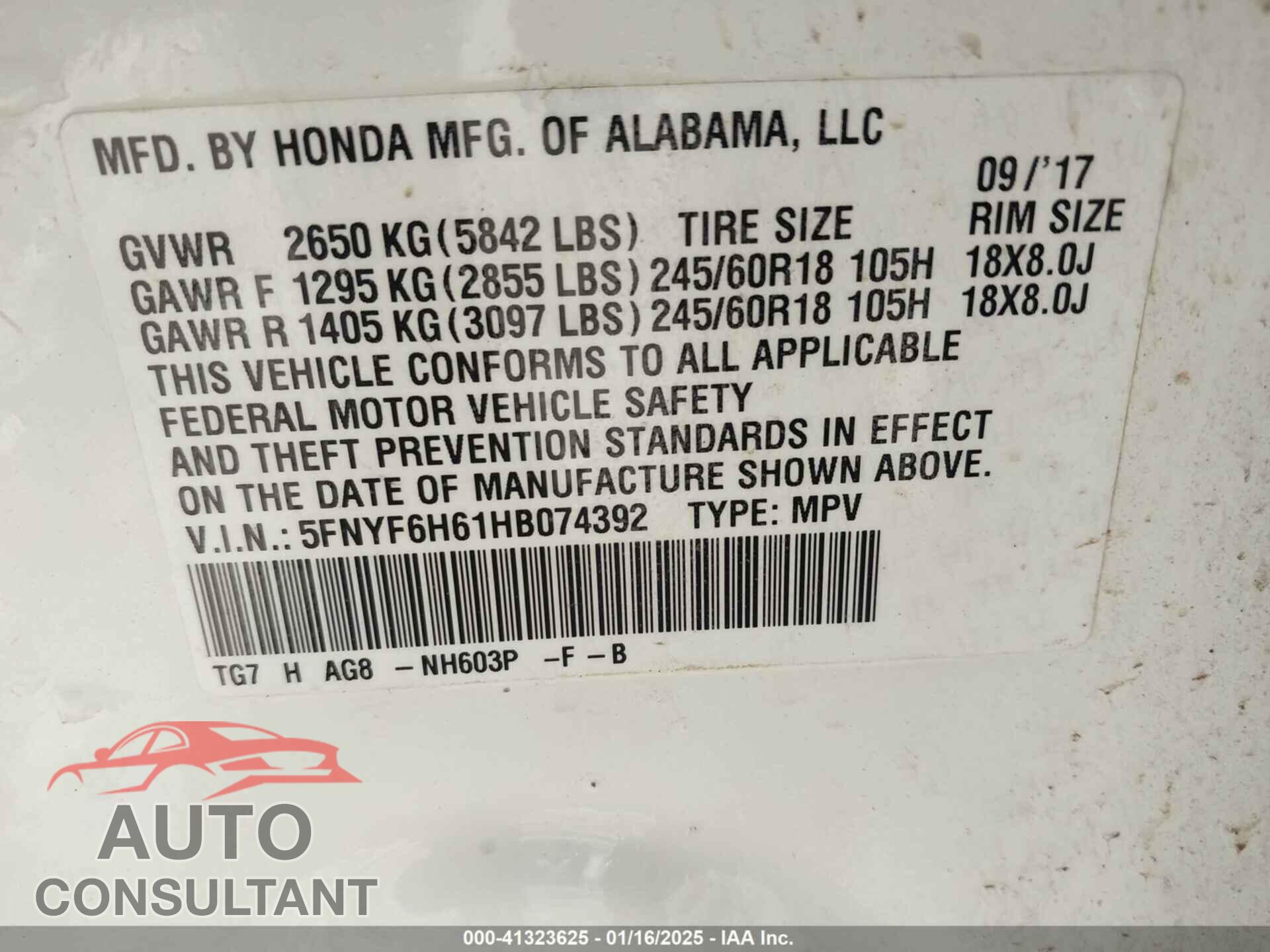 HONDA PILOT 2017 - 5FNYF6H61HB074392