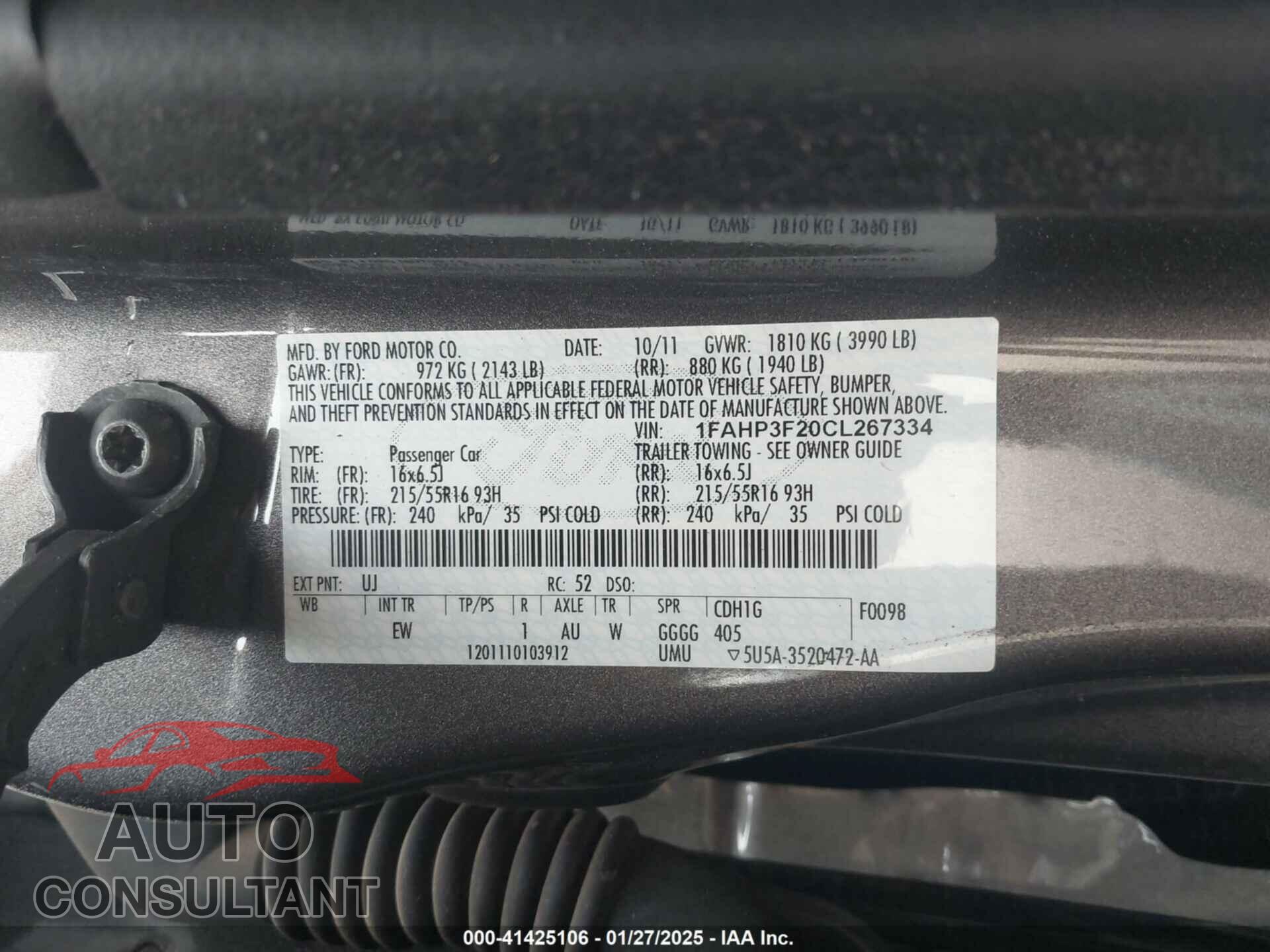 FORD FOCUS 2012 - 1FAHP3F20CL267334