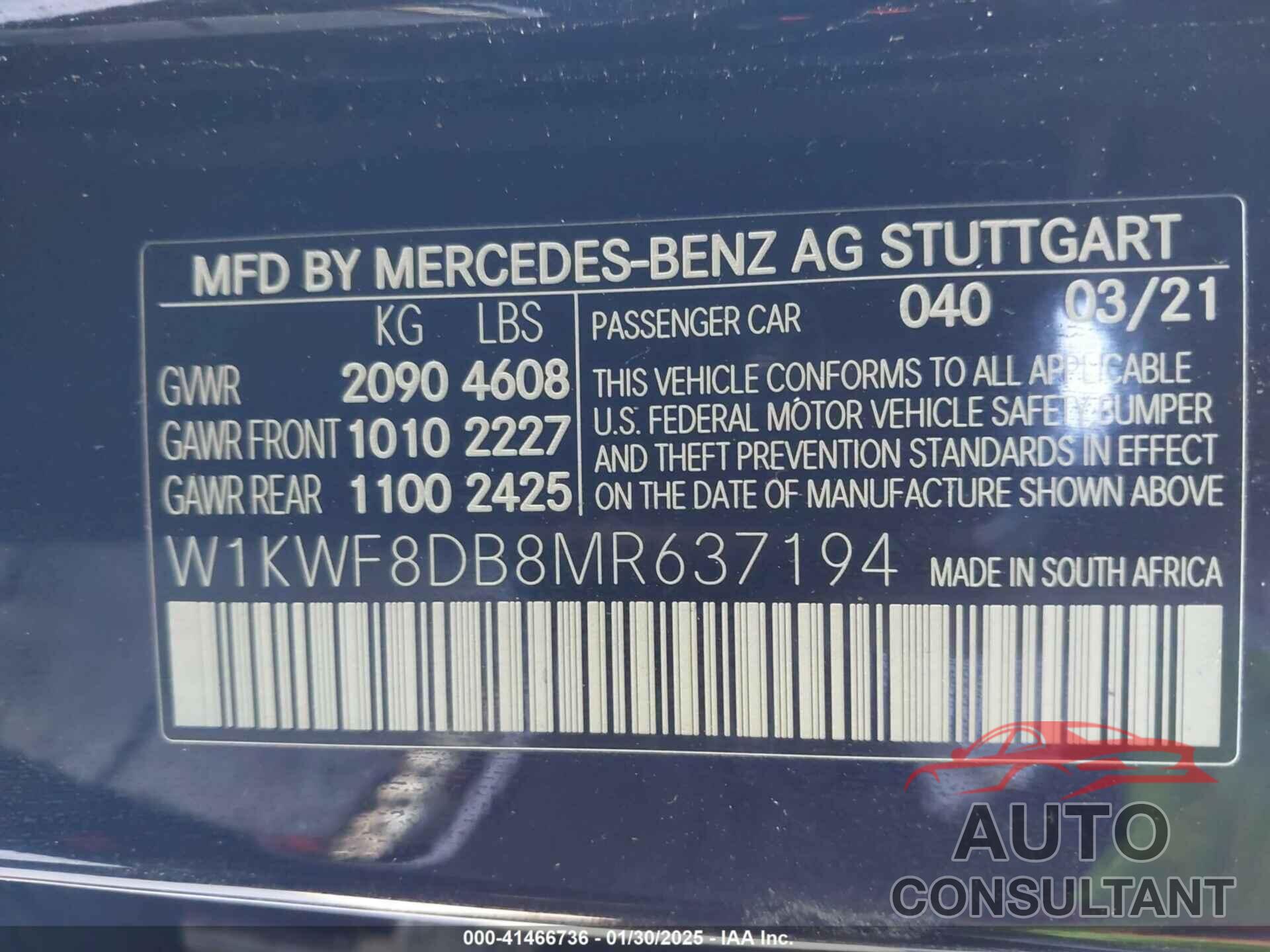 MERCEDES-BENZ C 300 2021 - W1KWF8DB8MR637194