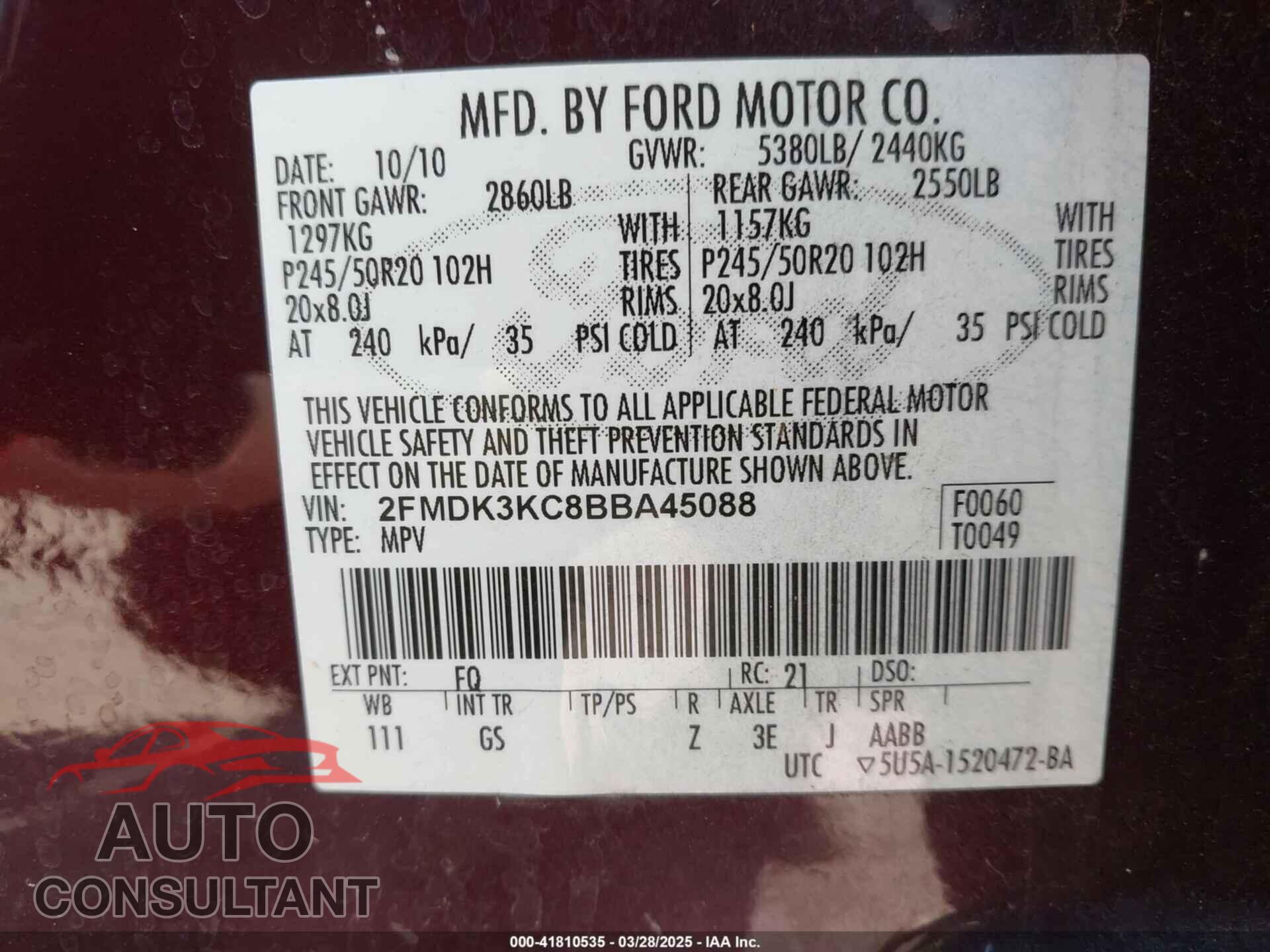 FORD EDGE 2011 - 2FMDK3KC8BBA45088