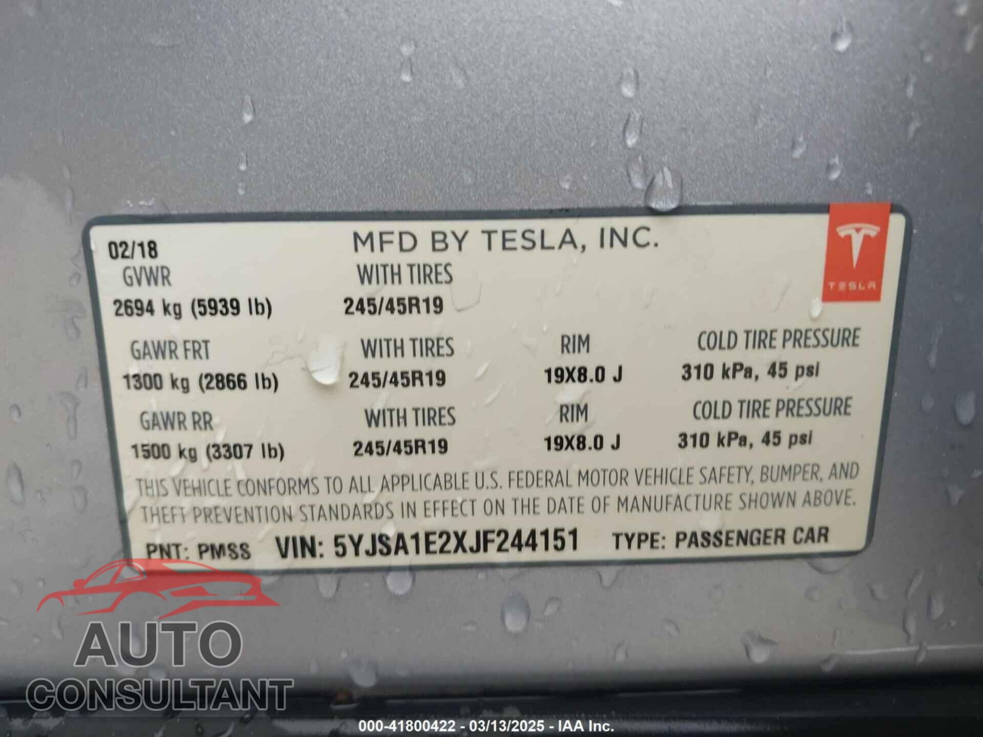 TESLA MODEL S 2018 - 5YJSA1E2XJF244151