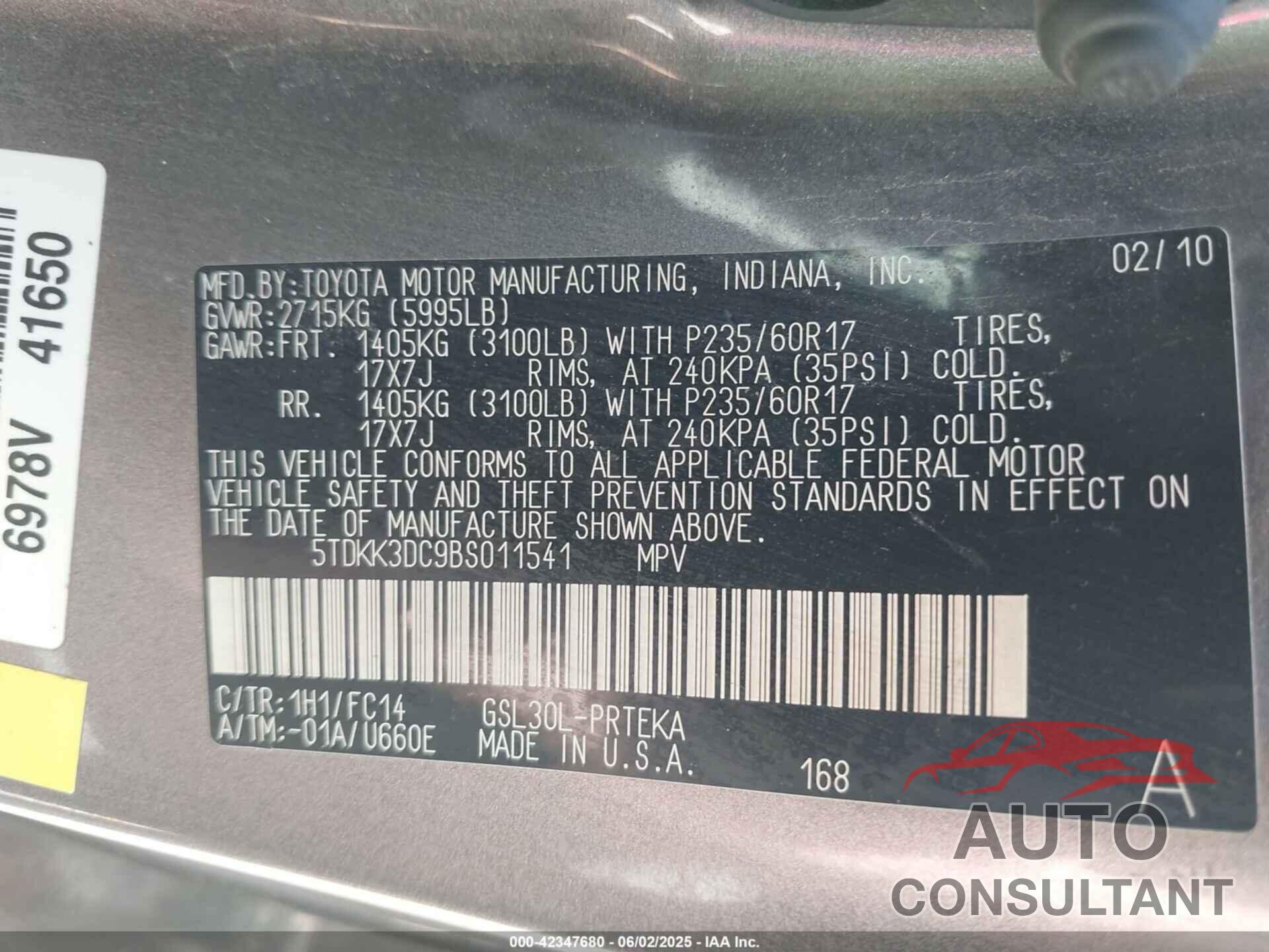 TOYOTA SIENNA 2011 - 5TDKK3DC9BS011541