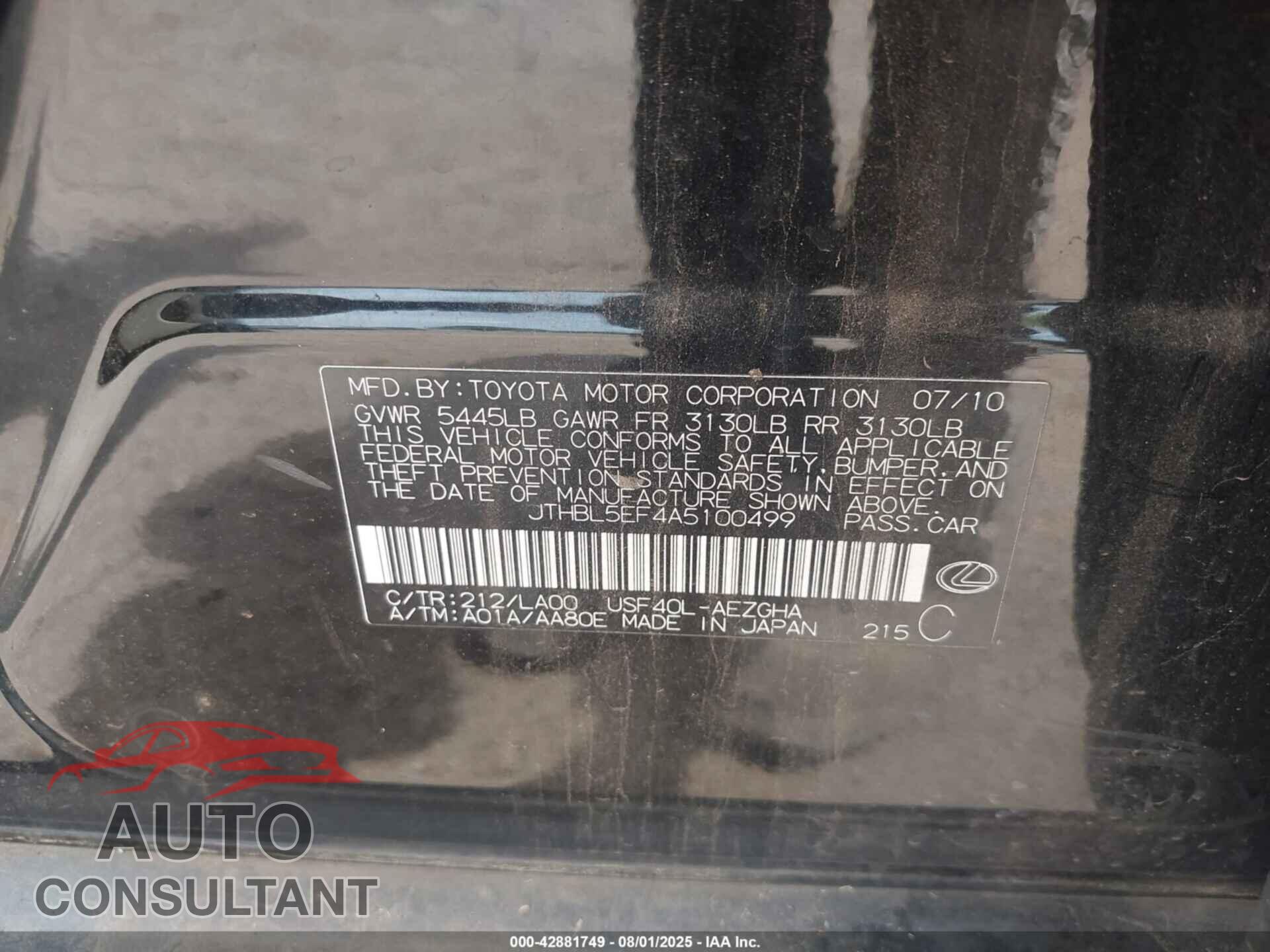 LEXUS LS 460 2010 - JTHBL5EF4A5100499