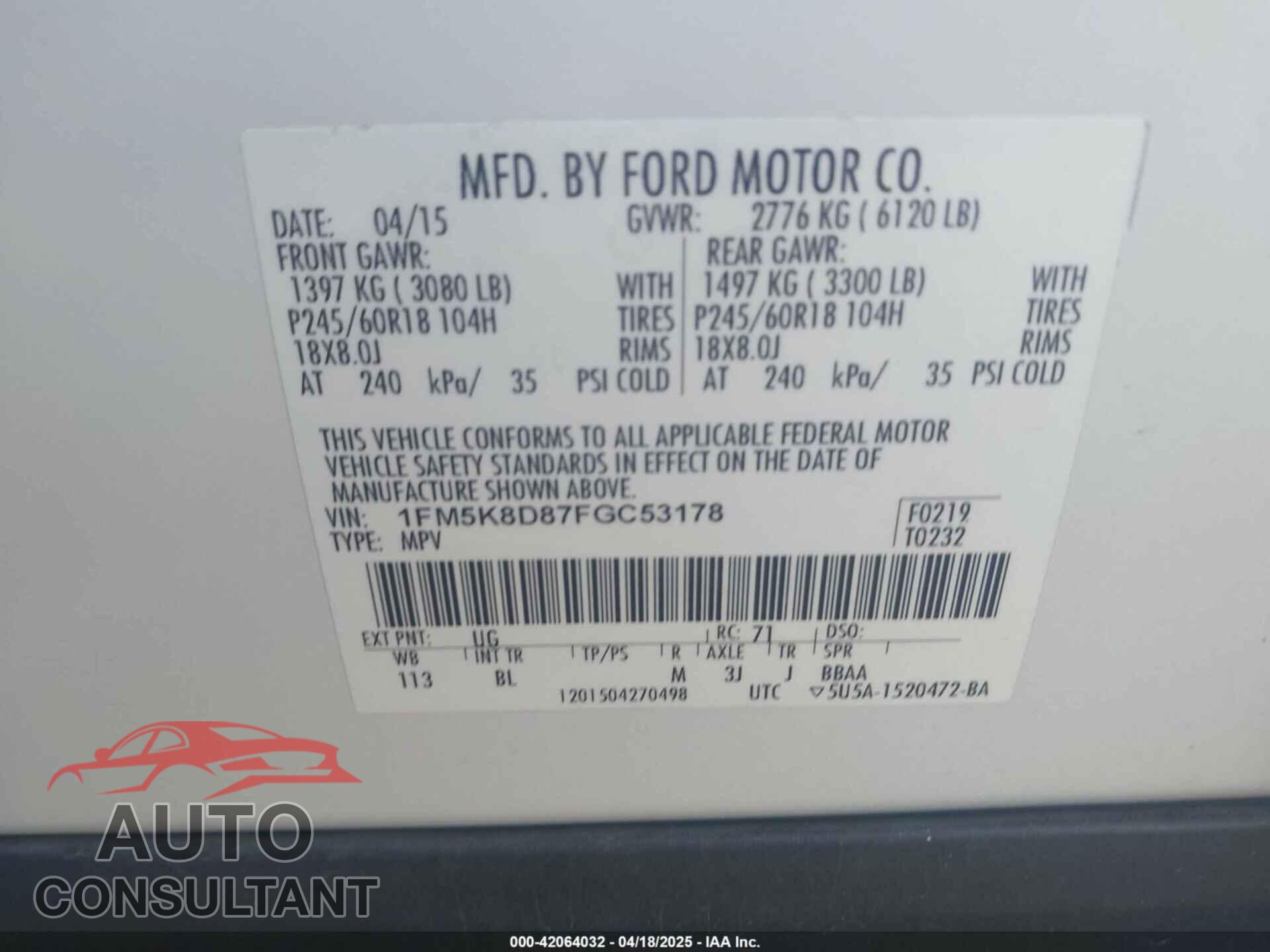 FORD EXPLORER 2015 - 1FM5K8D87FGC53178