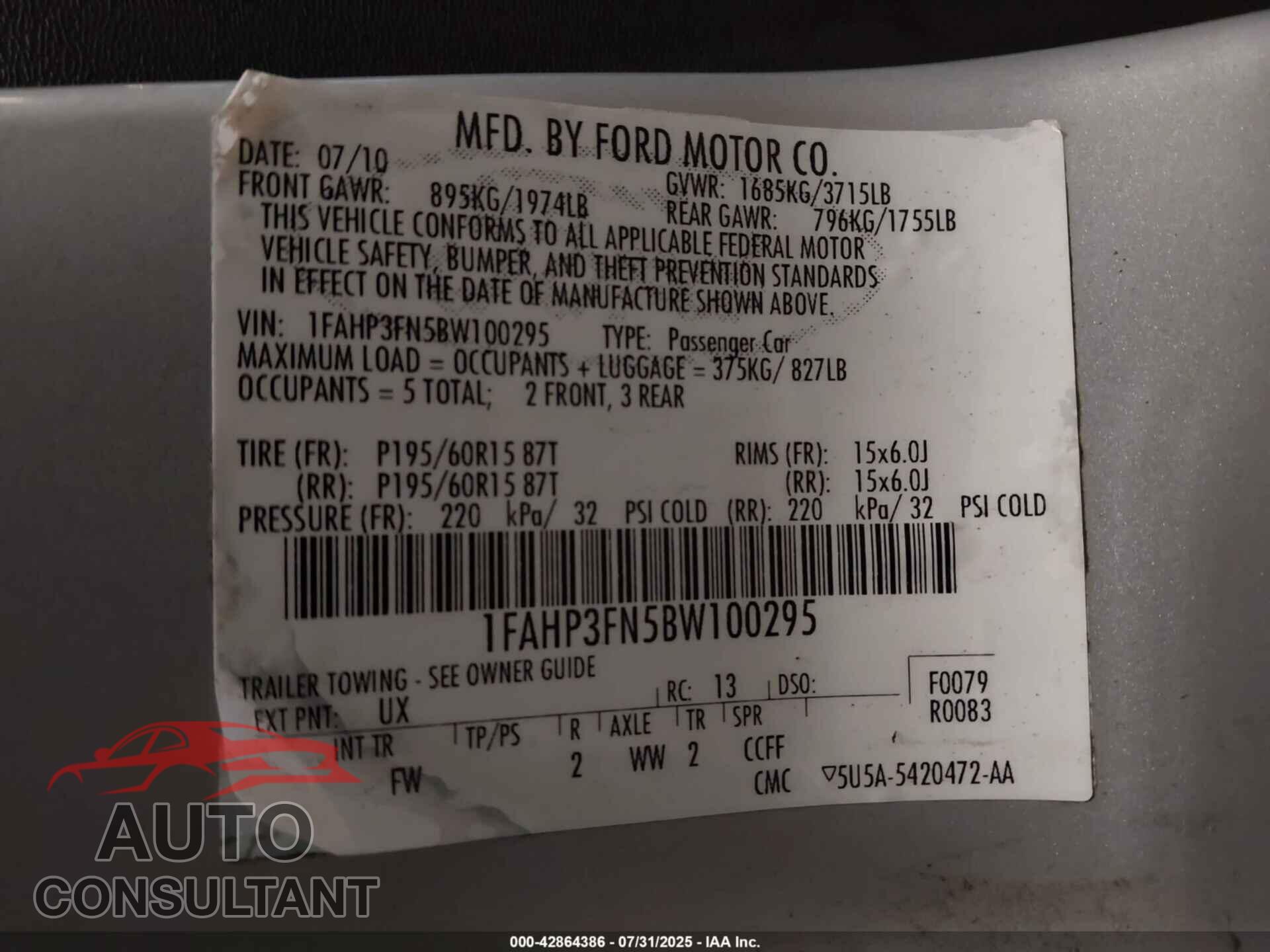 FORD FOCUS 2011 - 1FAHP3FN5BW100295