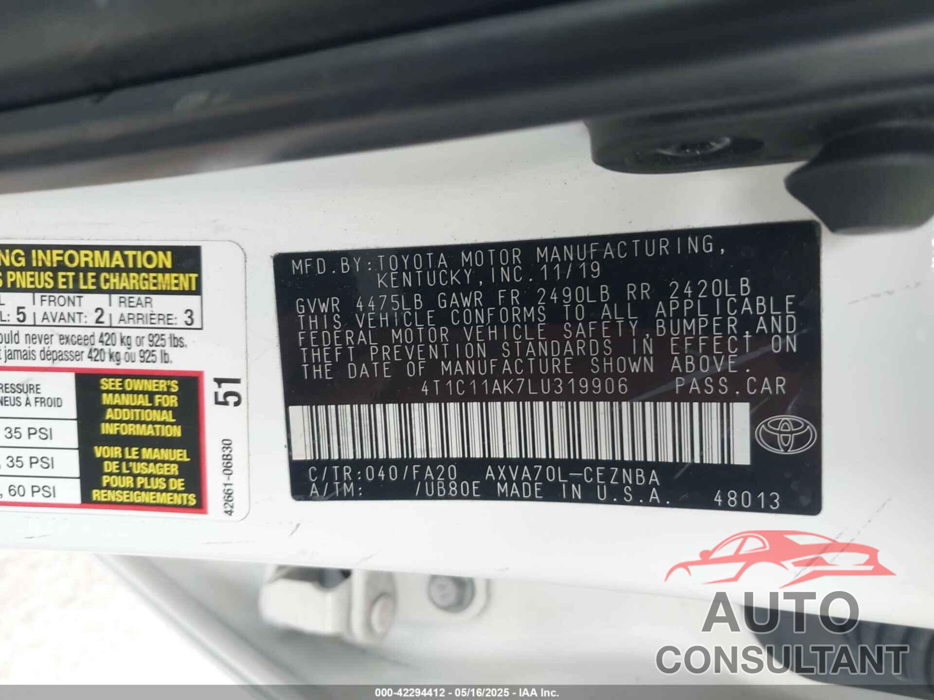 TOYOTA CAMRY 2020 - 4T1C11AK7LU319906