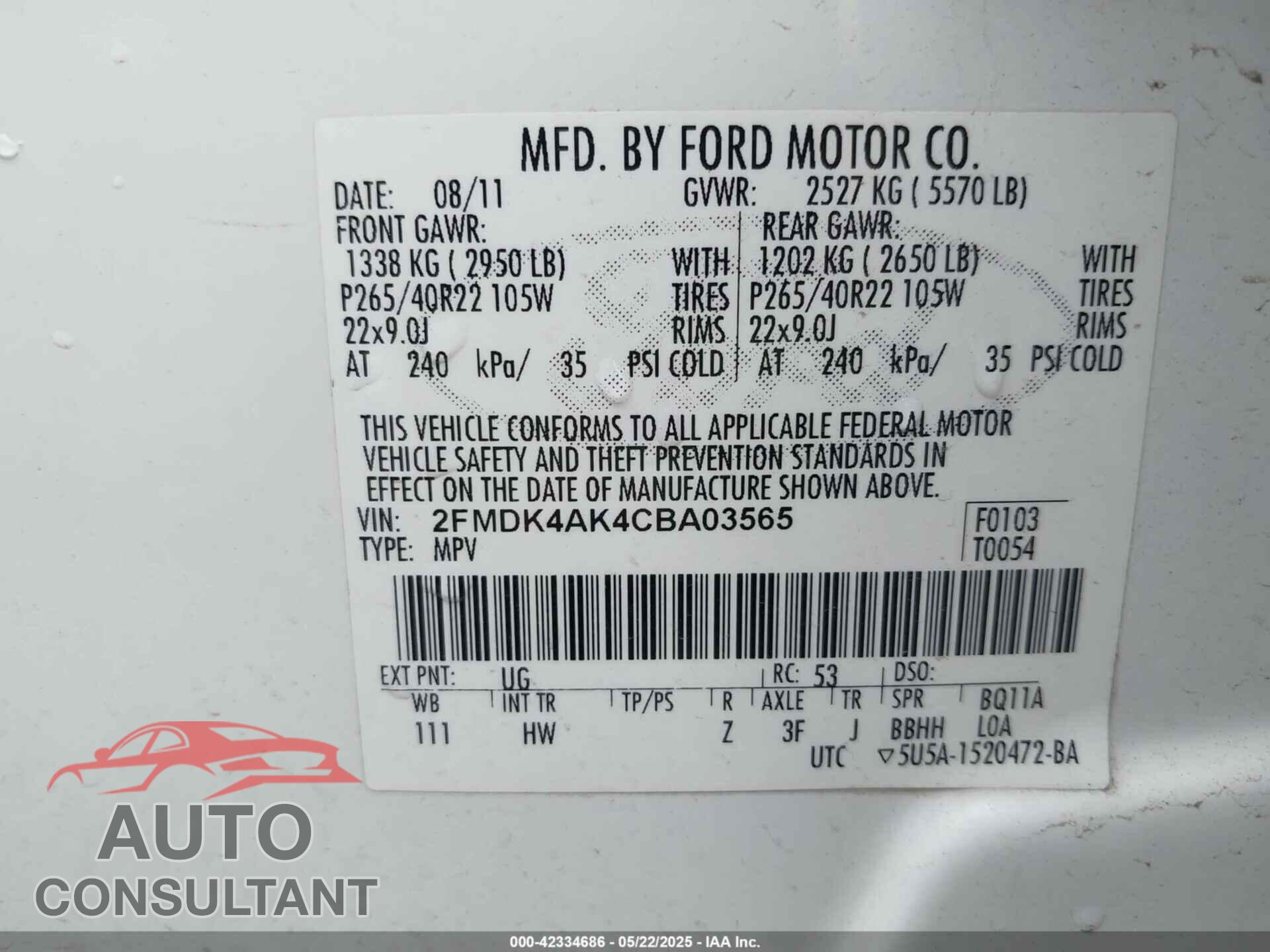 FORD EDGE 2012 - 2FMDK4AK4CBA03565
