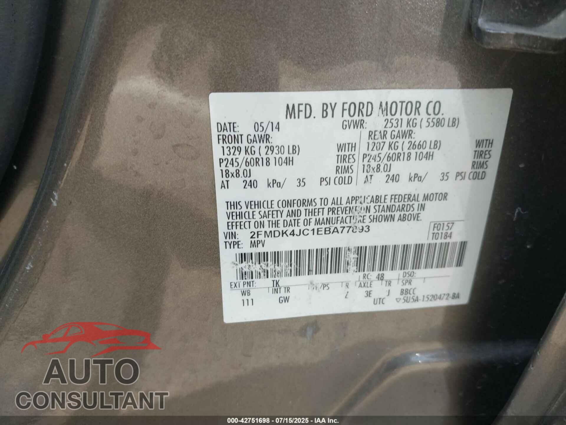 FORD EDGE 2014 - 2FMDK4JC1EBA77893
