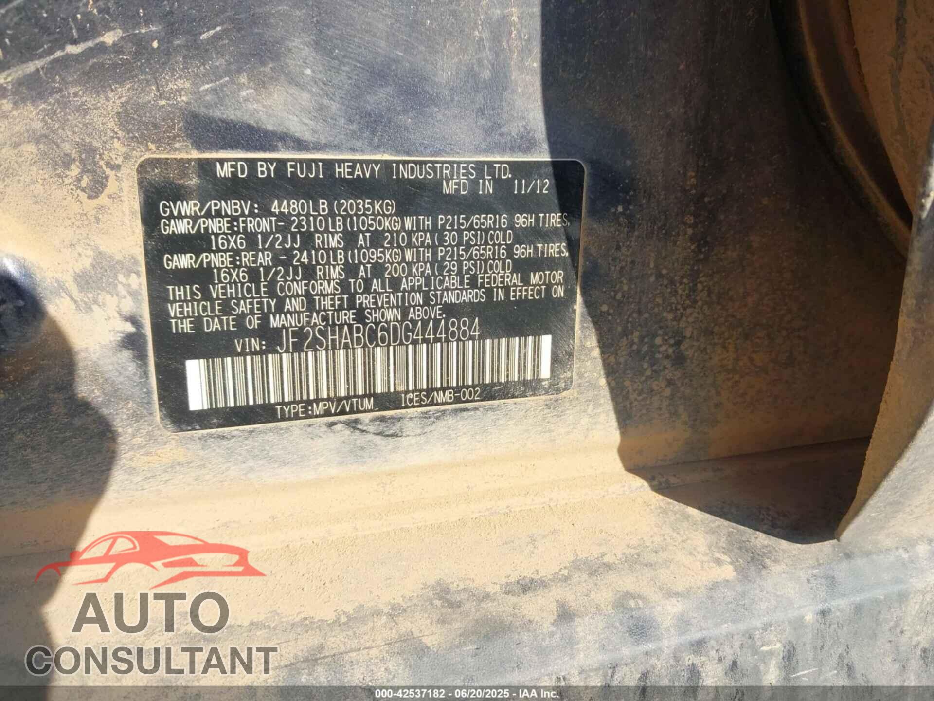 SUBARU FORESTER 2013 - JF2SHABC6DG444884