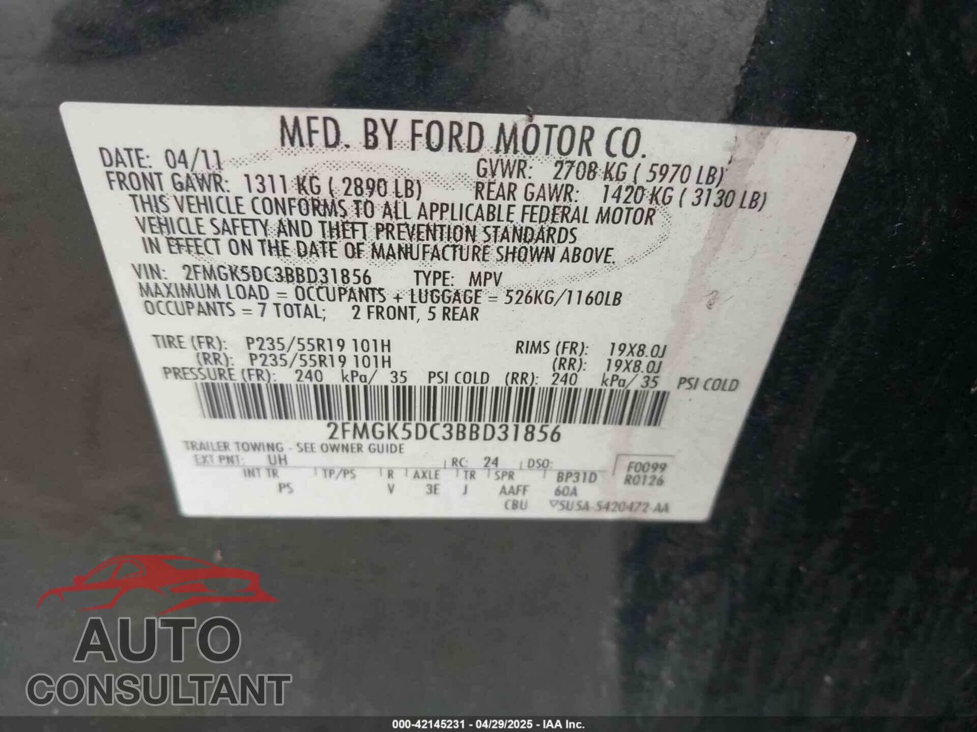 FORD FLEX 2011 - 2FMGK5DC3BBD31856