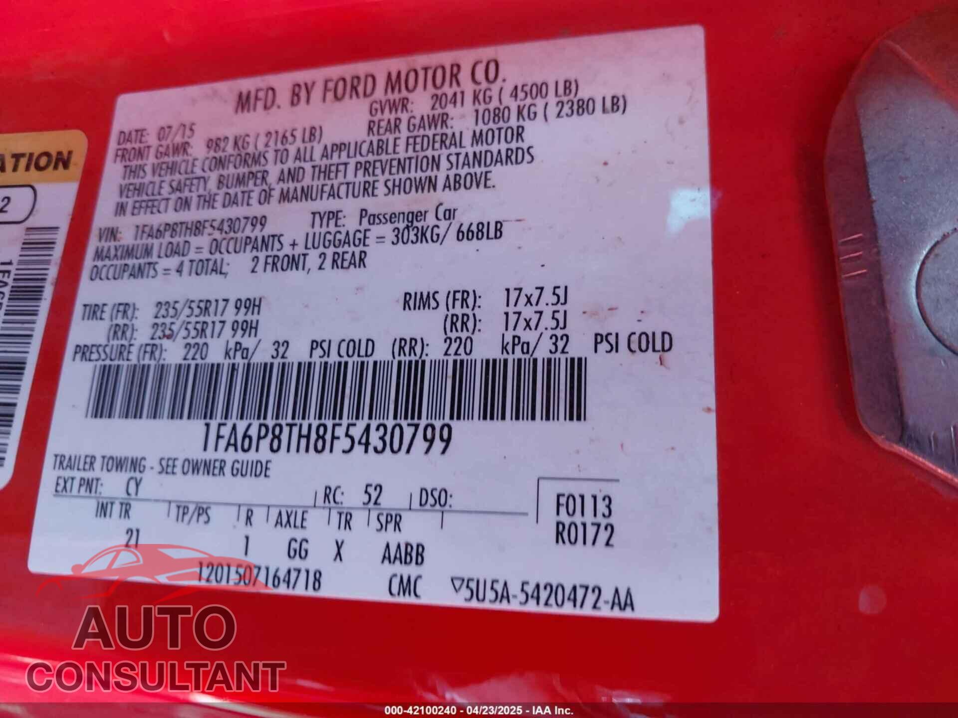 FORD MUSTANG 2015 - 1FA6P8TH8F5430799