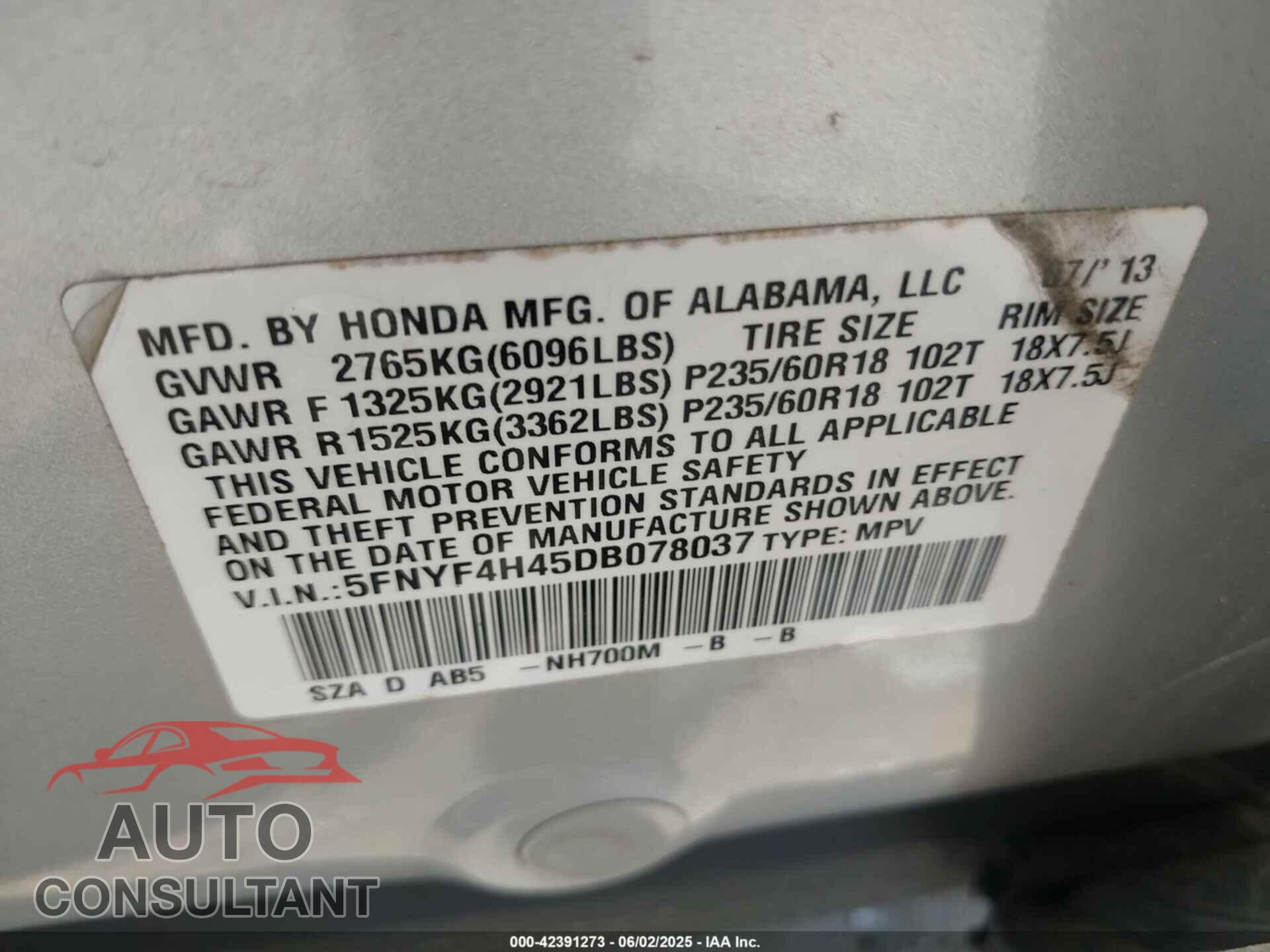 HONDA PILOT 2013 - 5FNYF4H45DB078037