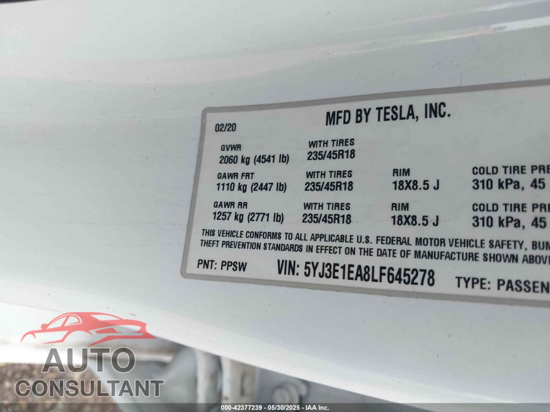 TESLA MODEL 3 2020 - 5YJ3E1EA8LF645278