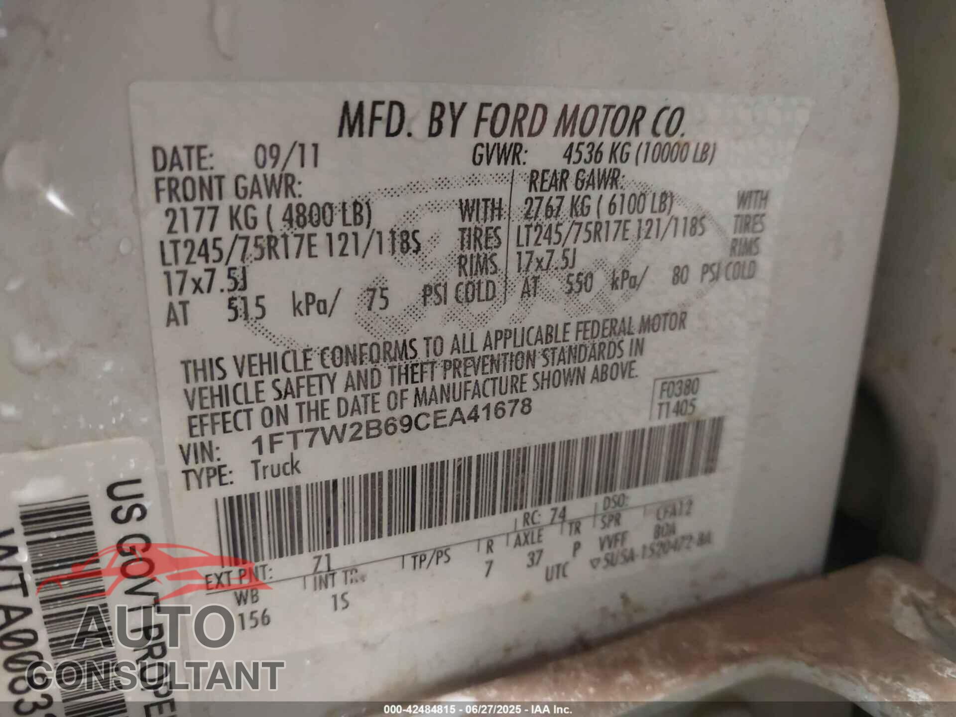 FORD F-250 2012 - 1FT7W2B69CEA41678