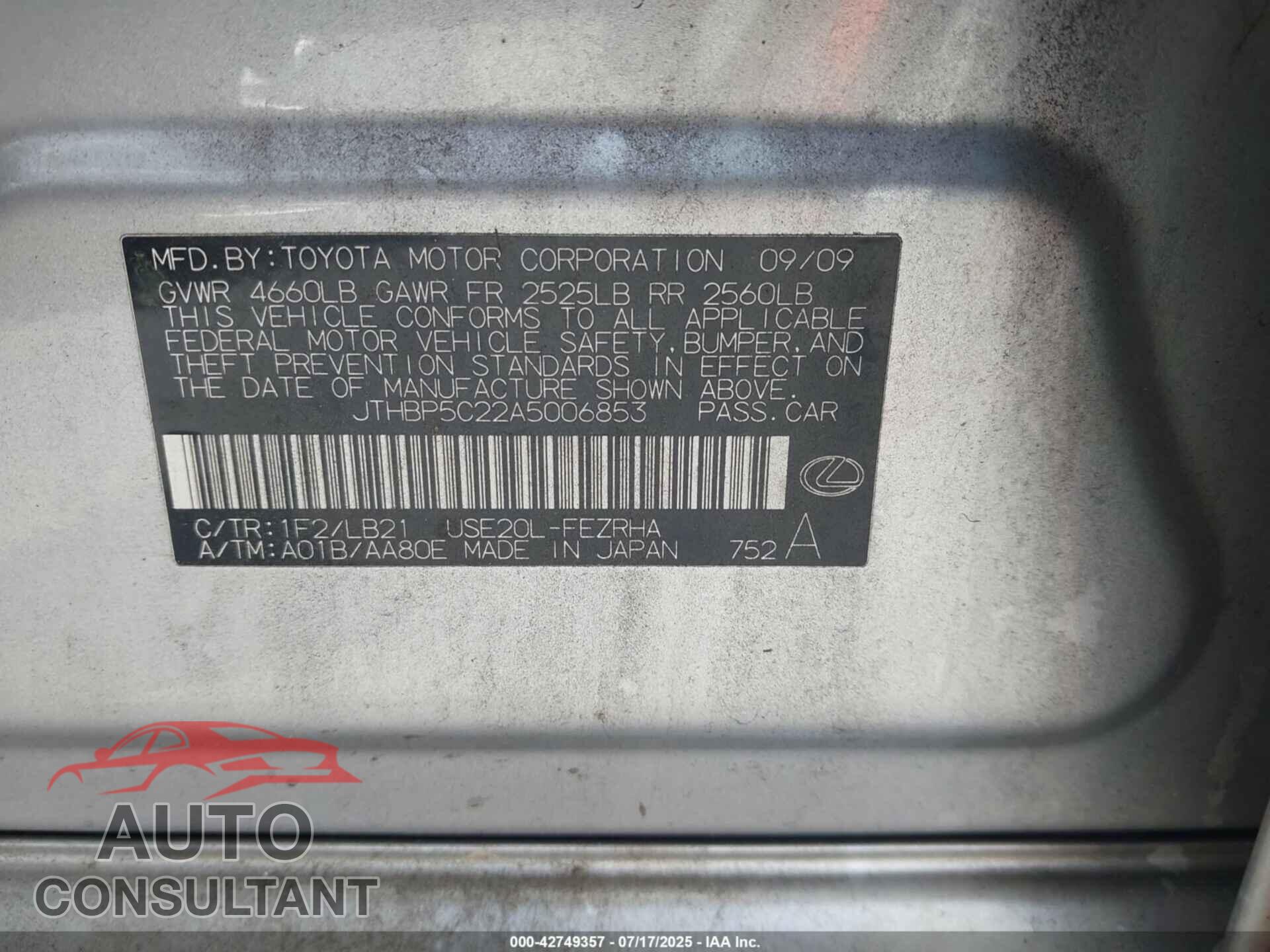 LEXUS IS F 2010 - JTHBP5C22A5006853
