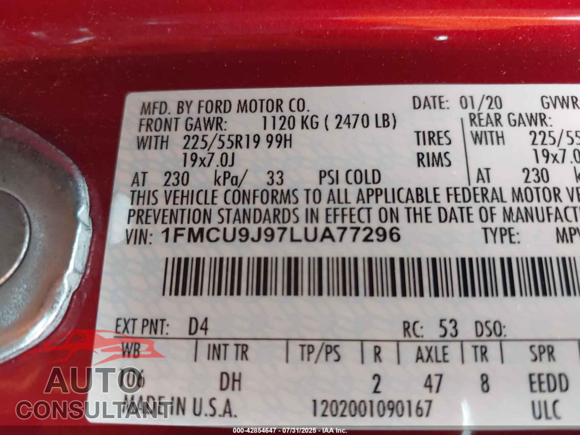 FORD ESCAPE 2020 - 1FMCU9J97LUA77296