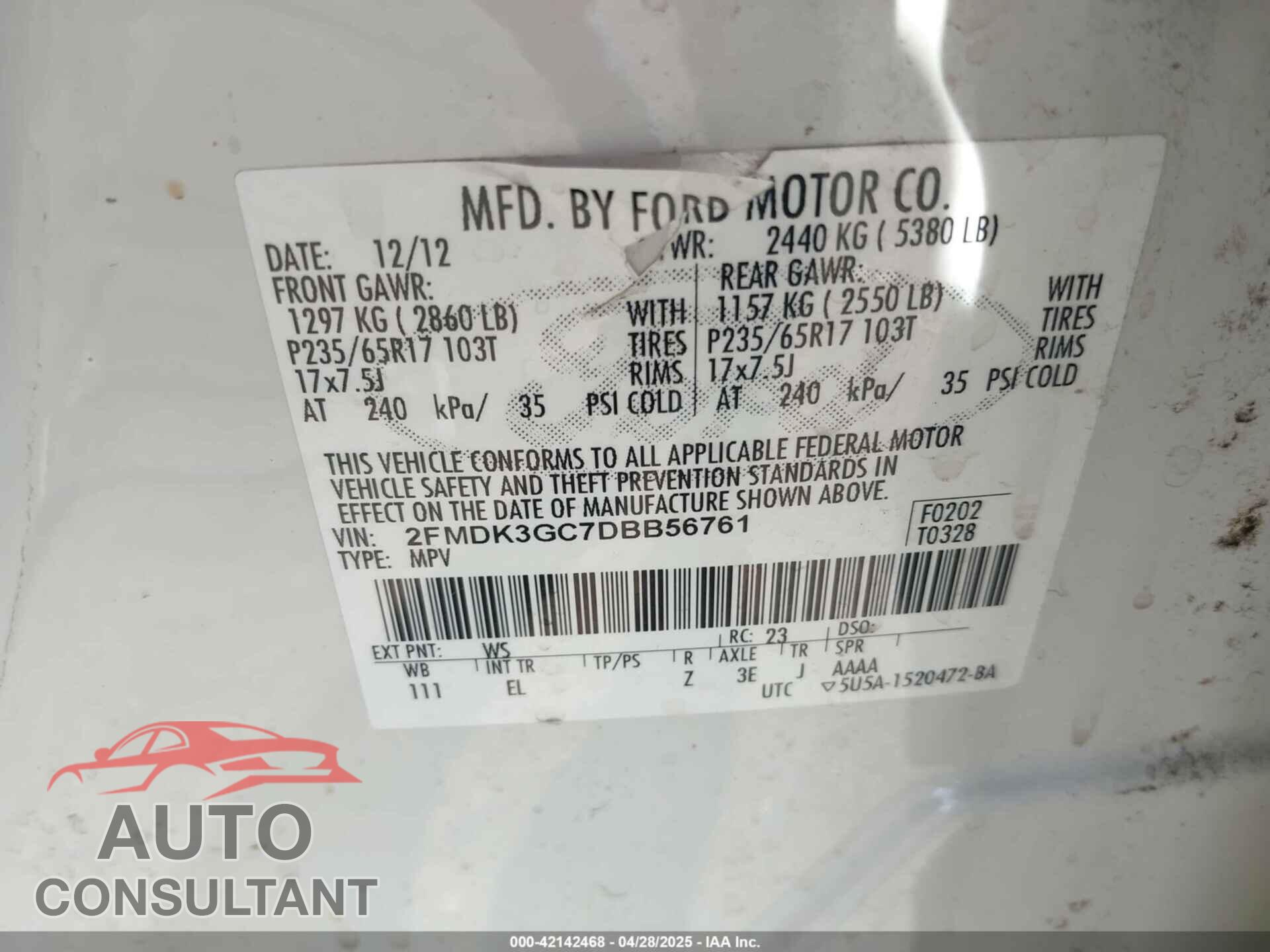 FORD EDGE 2013 - 2FMDK3GC7DBB56761