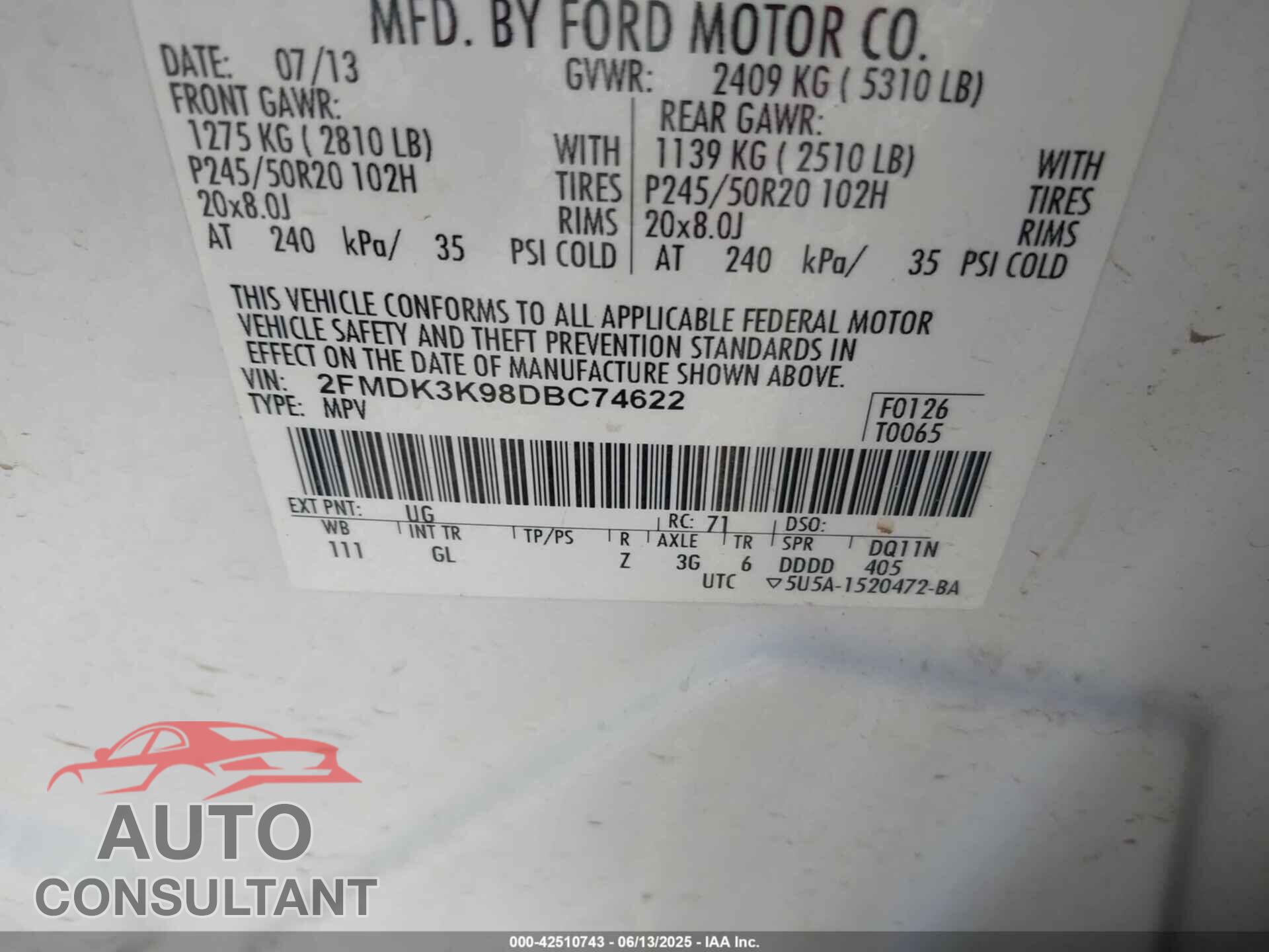FORD EDGE 2013 - 2FMDK3K98DBC74622