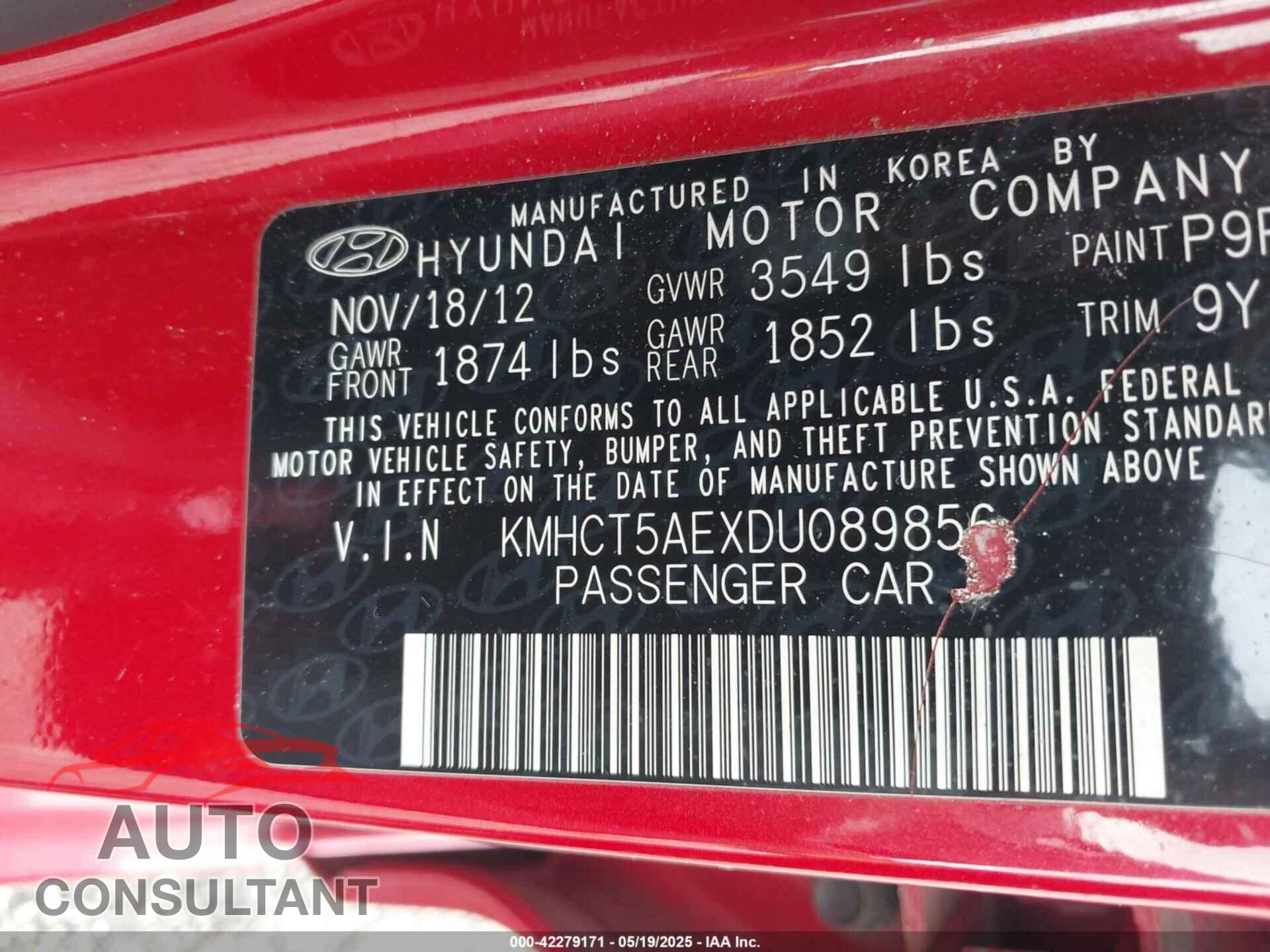HYUNDAI ACCENT 2013 - KMHCT5AEXDU089856