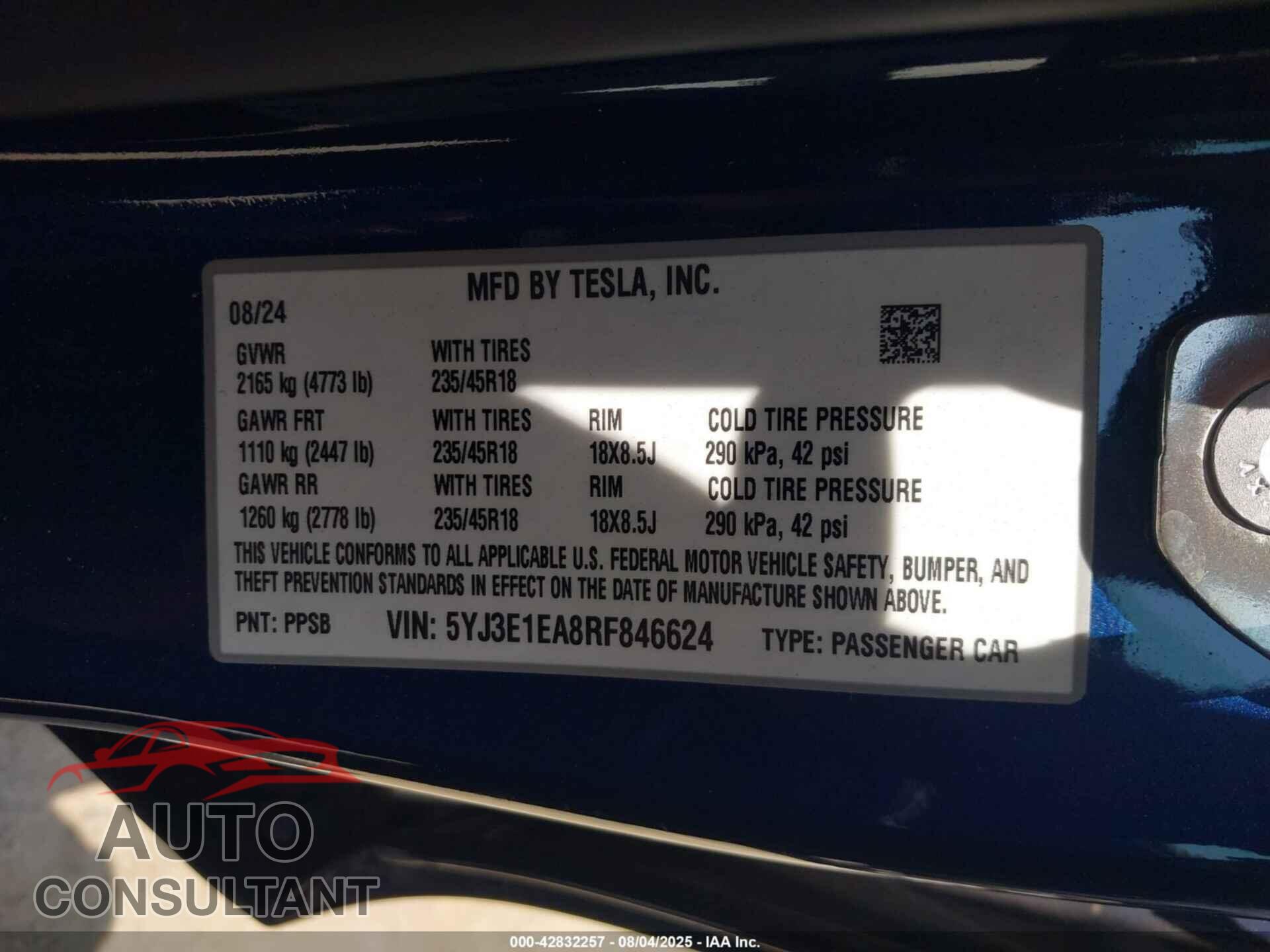 TESLA MODEL 3 2024 - 5YJ3E1EA8RF846624