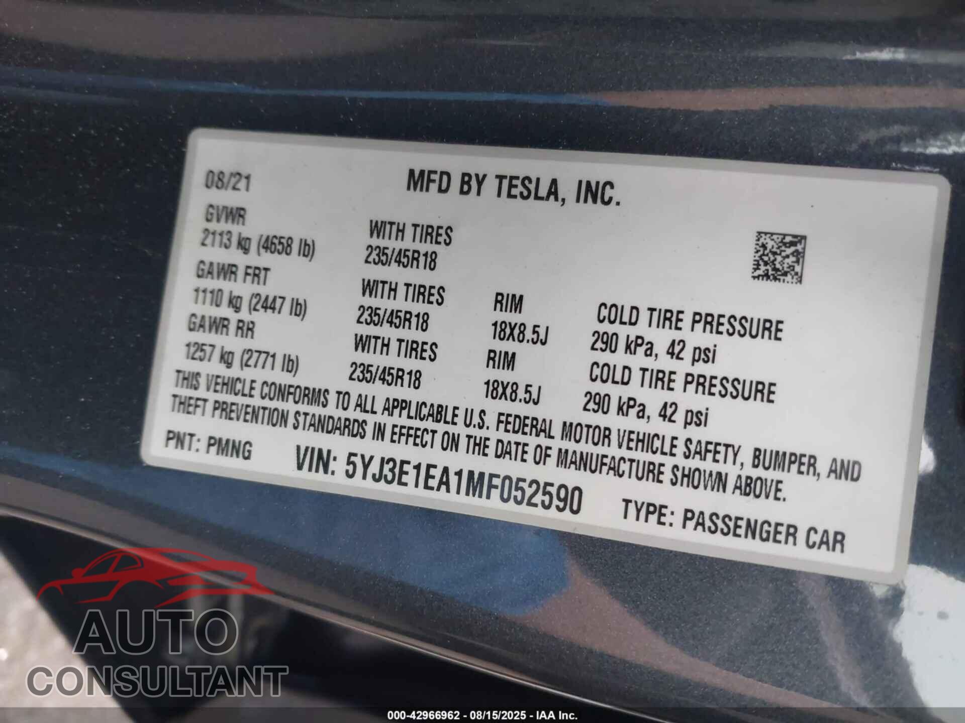 TESLA MODEL 3 2021 - 5YJ3E1EA1MF052590