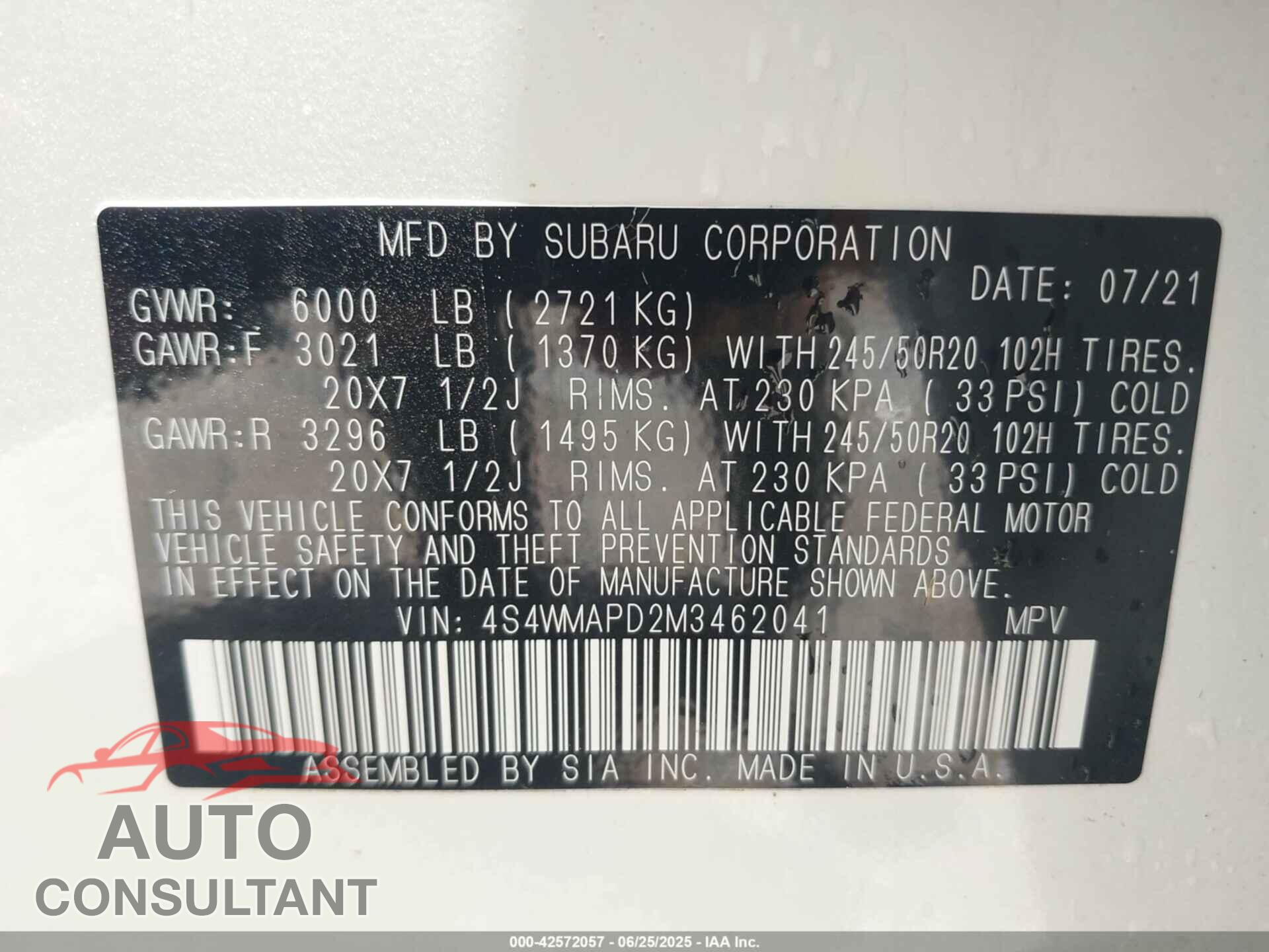 SUBARU ASCENT 2021 - 4S4WMAPD2M3462041