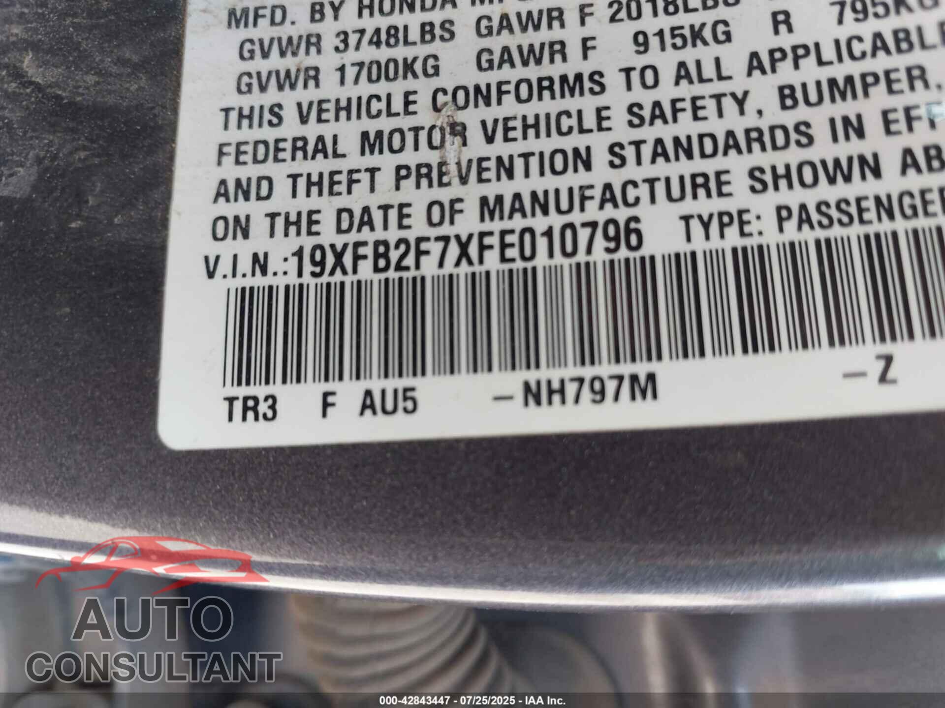 HONDA CIVIC 2015 - 19XFB2F7XFE010796