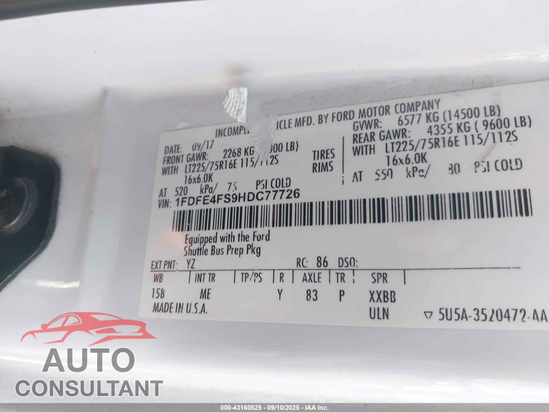 FORD E-450 CUTAWAY 2017 - 1FDFE4FS9HDC77726