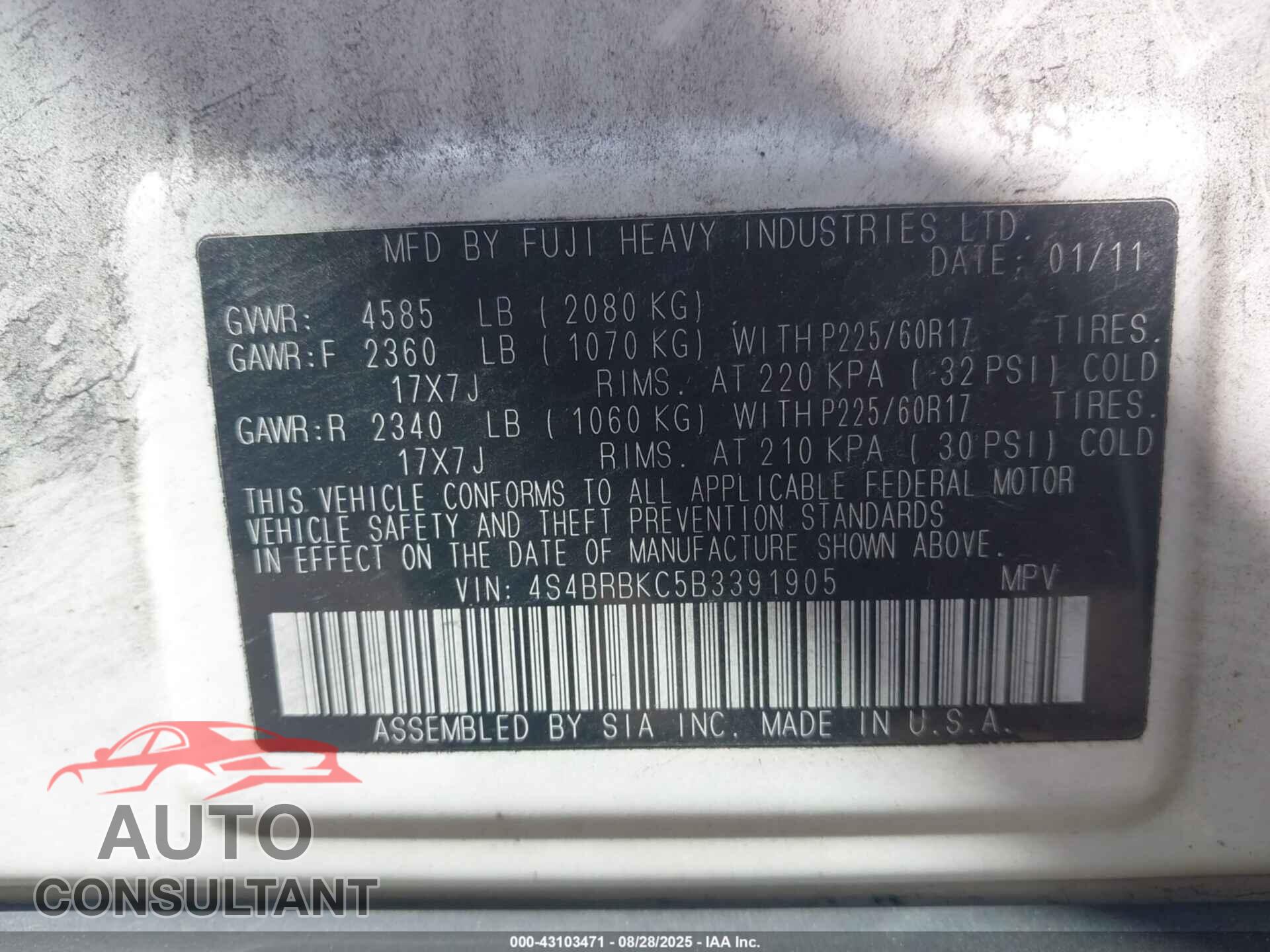 SUBARU OUTBACK 2011 - 4S4BRBKC5B3391905