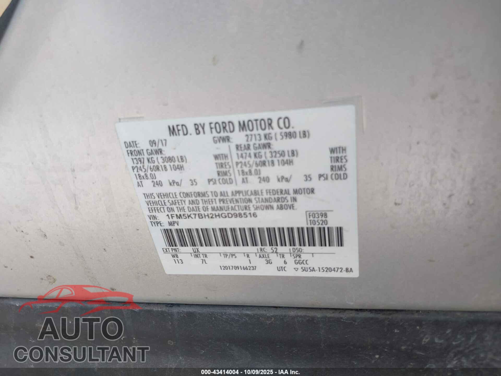 FORD EXPLORER 2017 - 1FM5K7BH2HGD98516