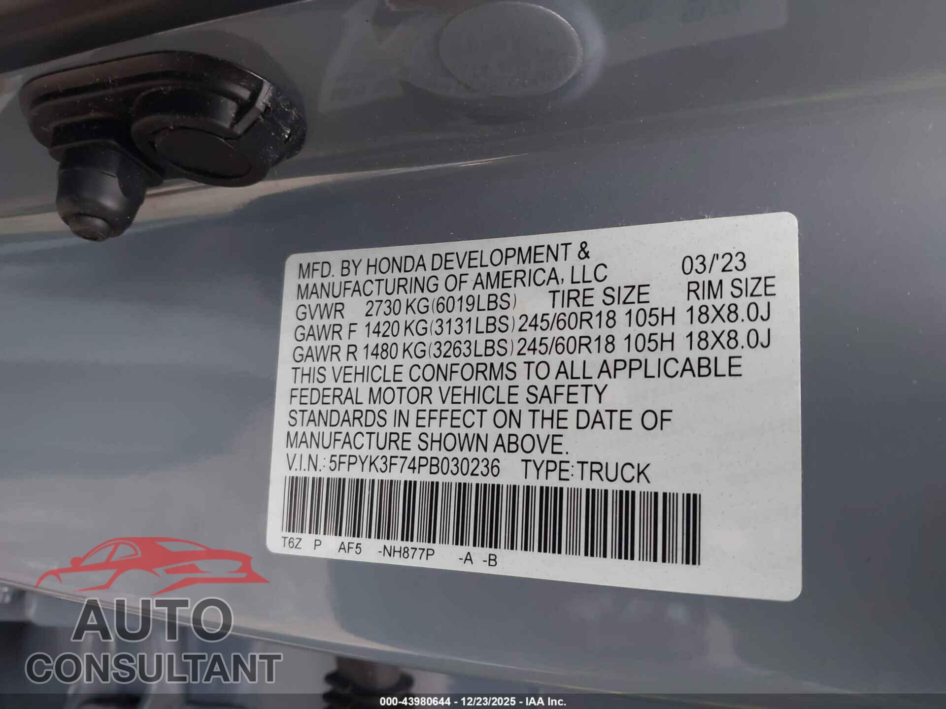 HONDA RIDGELINE 2023 - 5FPYK3F74PB030236