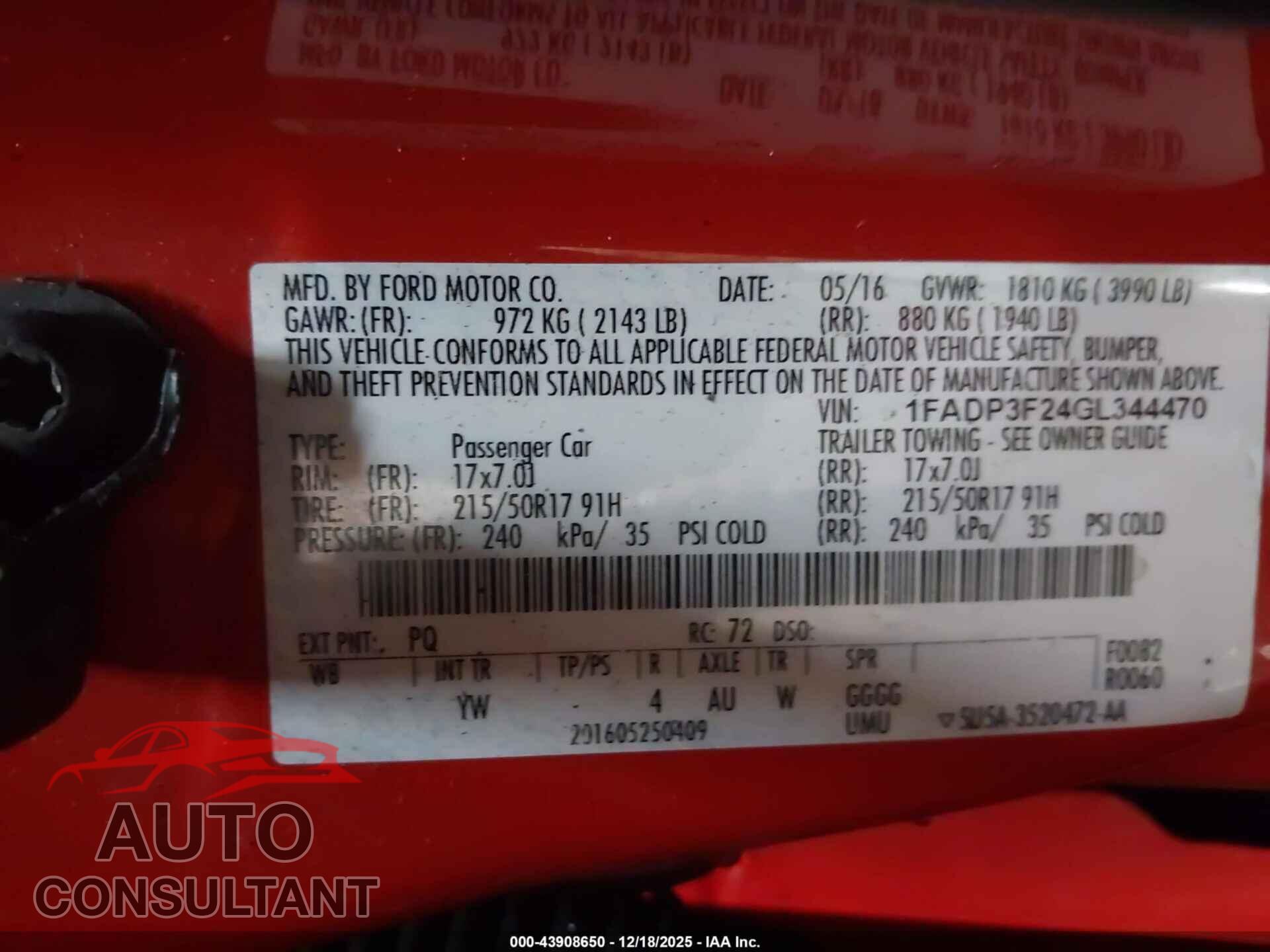 FORD FOCUS 2016 - 1FADP3F24G0344470