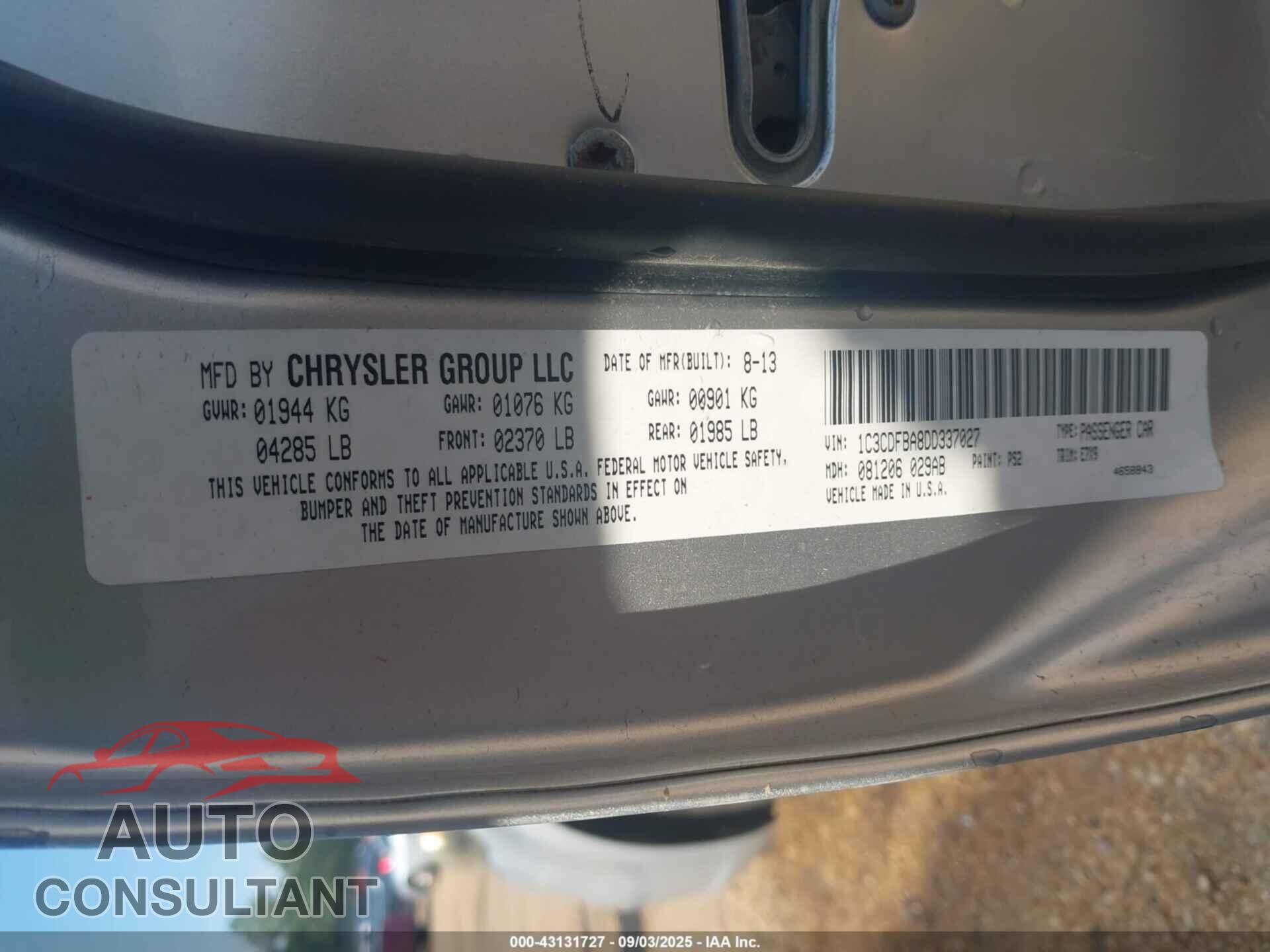 DODGE DART 2013 - 1C3CDFBA8DD337027