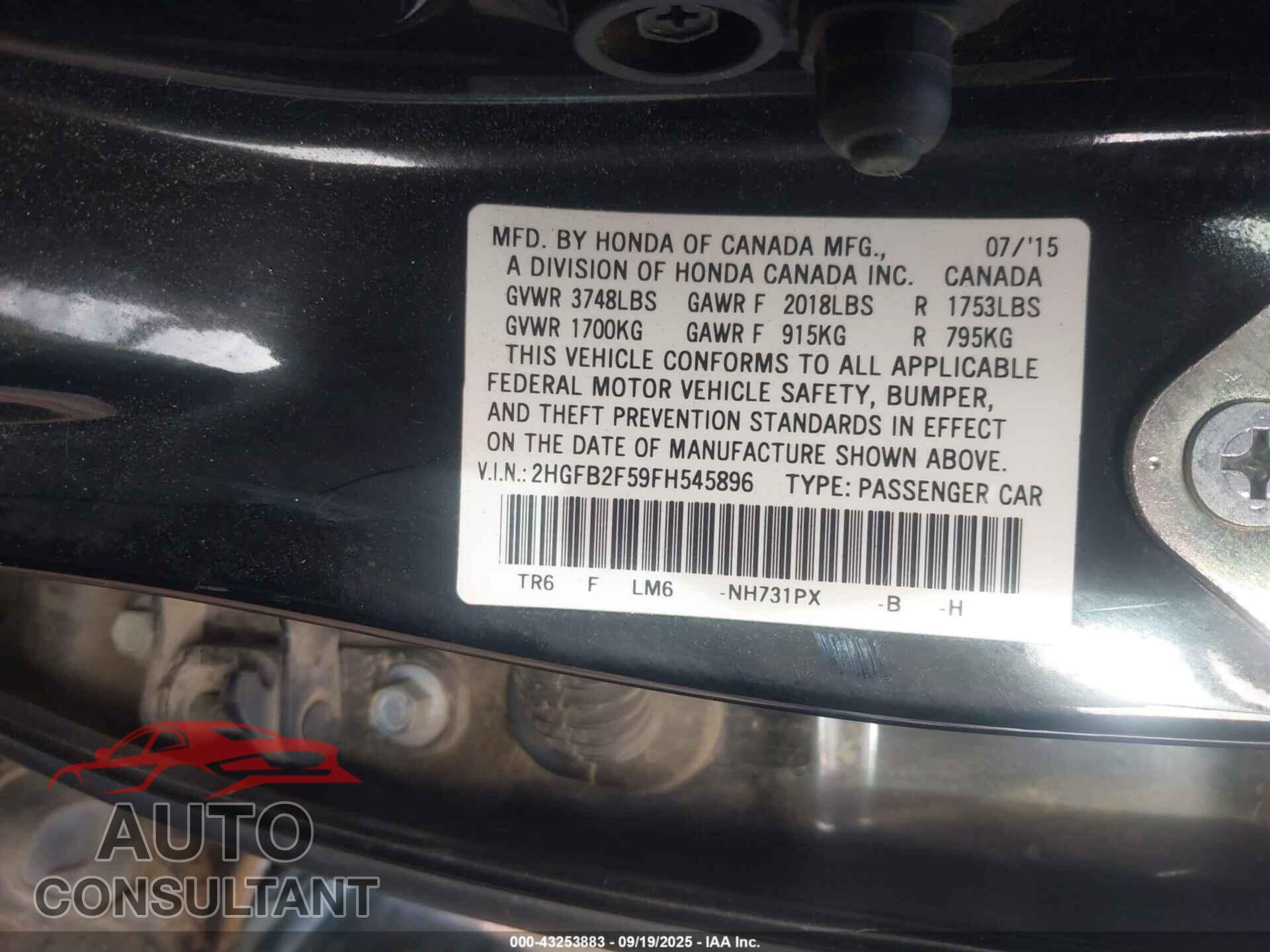 HONDA CIVIC 2015 - 2HGFB2F59FH545896