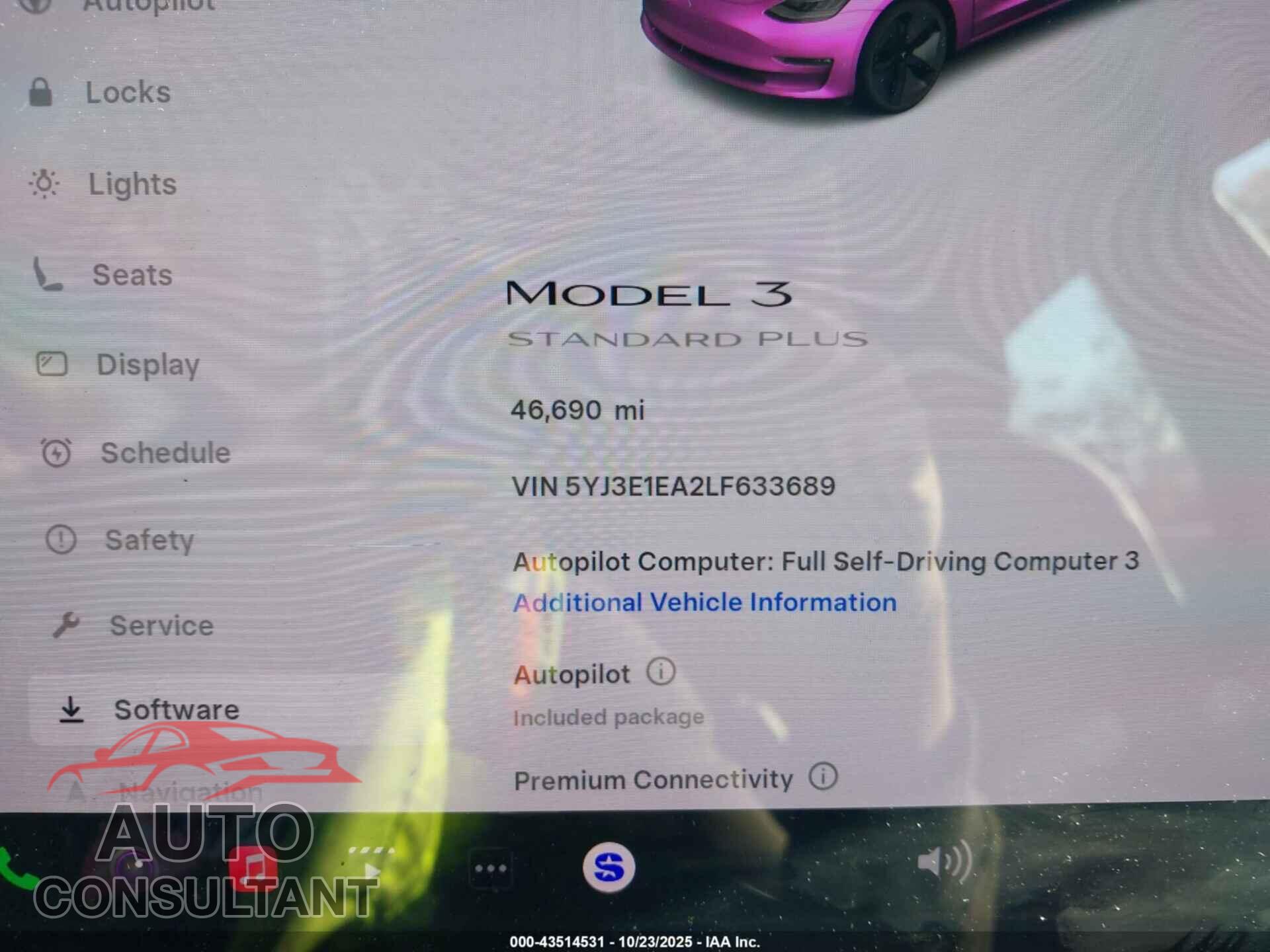 TESLA MODEL 3 2020 - 5YJ3E1EA2LF633689