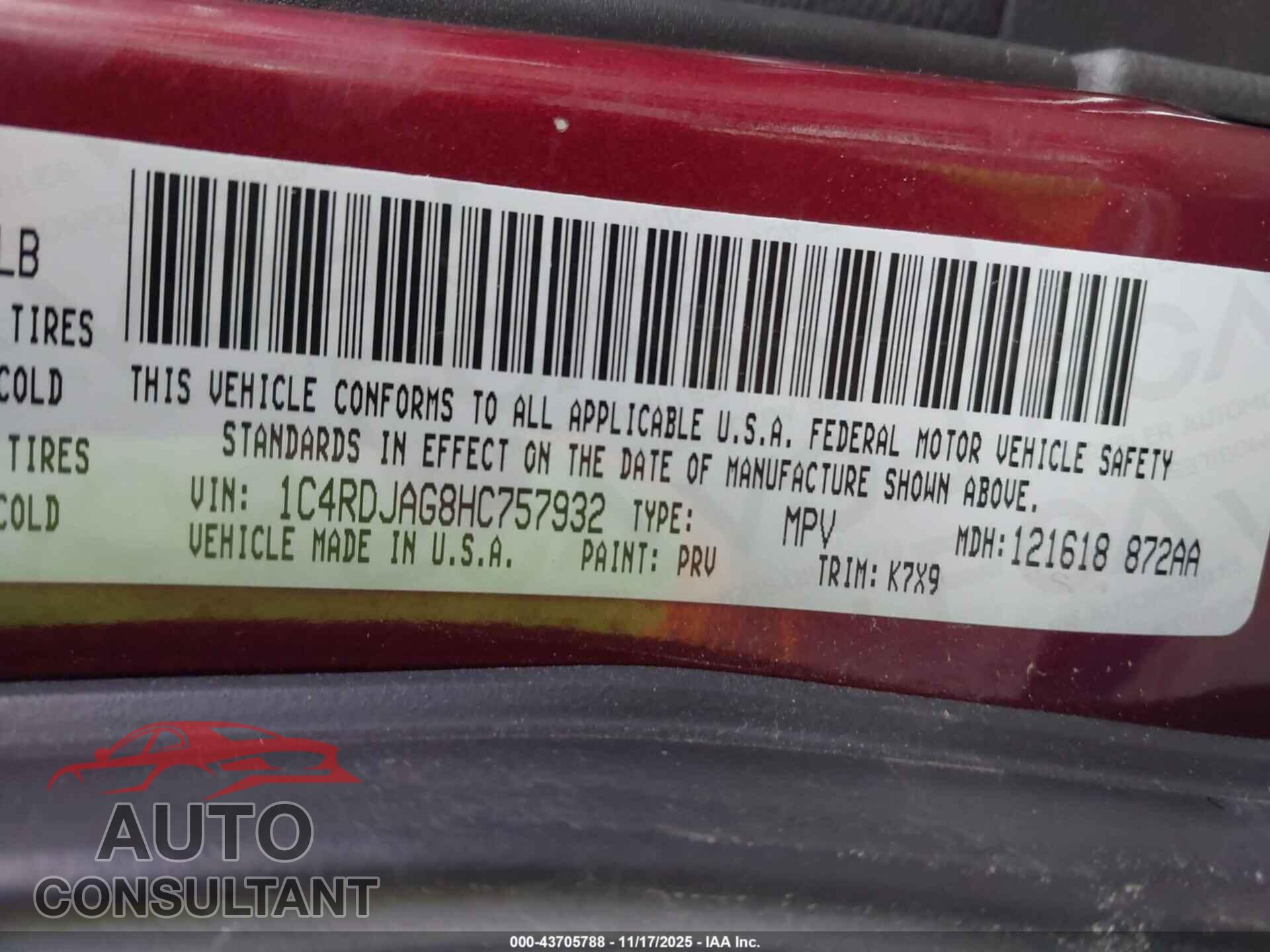 DODGE DURANGO 2017 - 1C4RDJAG8HC757932
