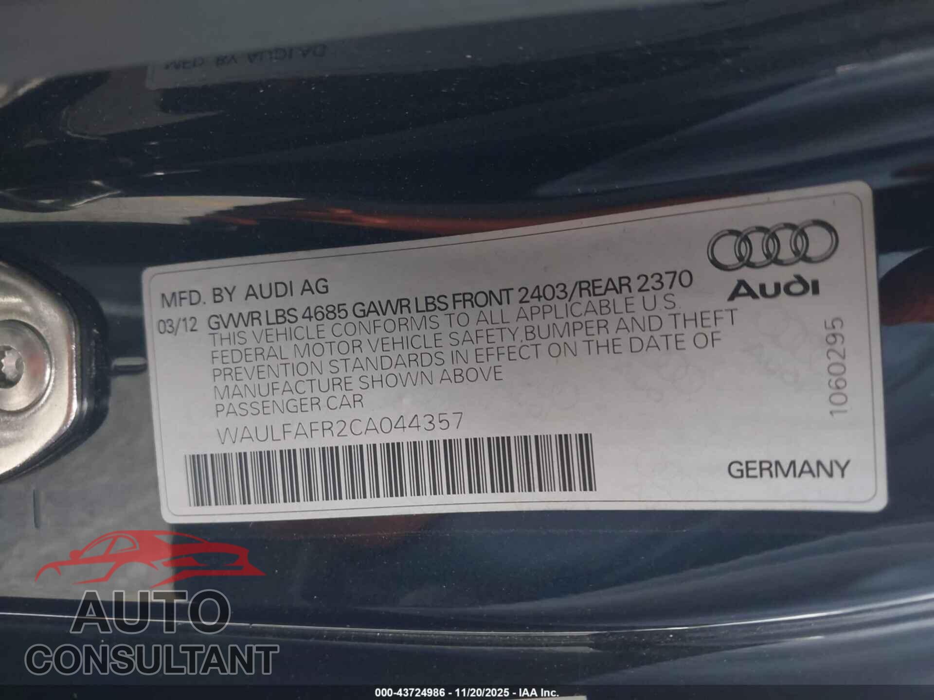 AUDI A5 2012 - WAULFAFR2CA044357