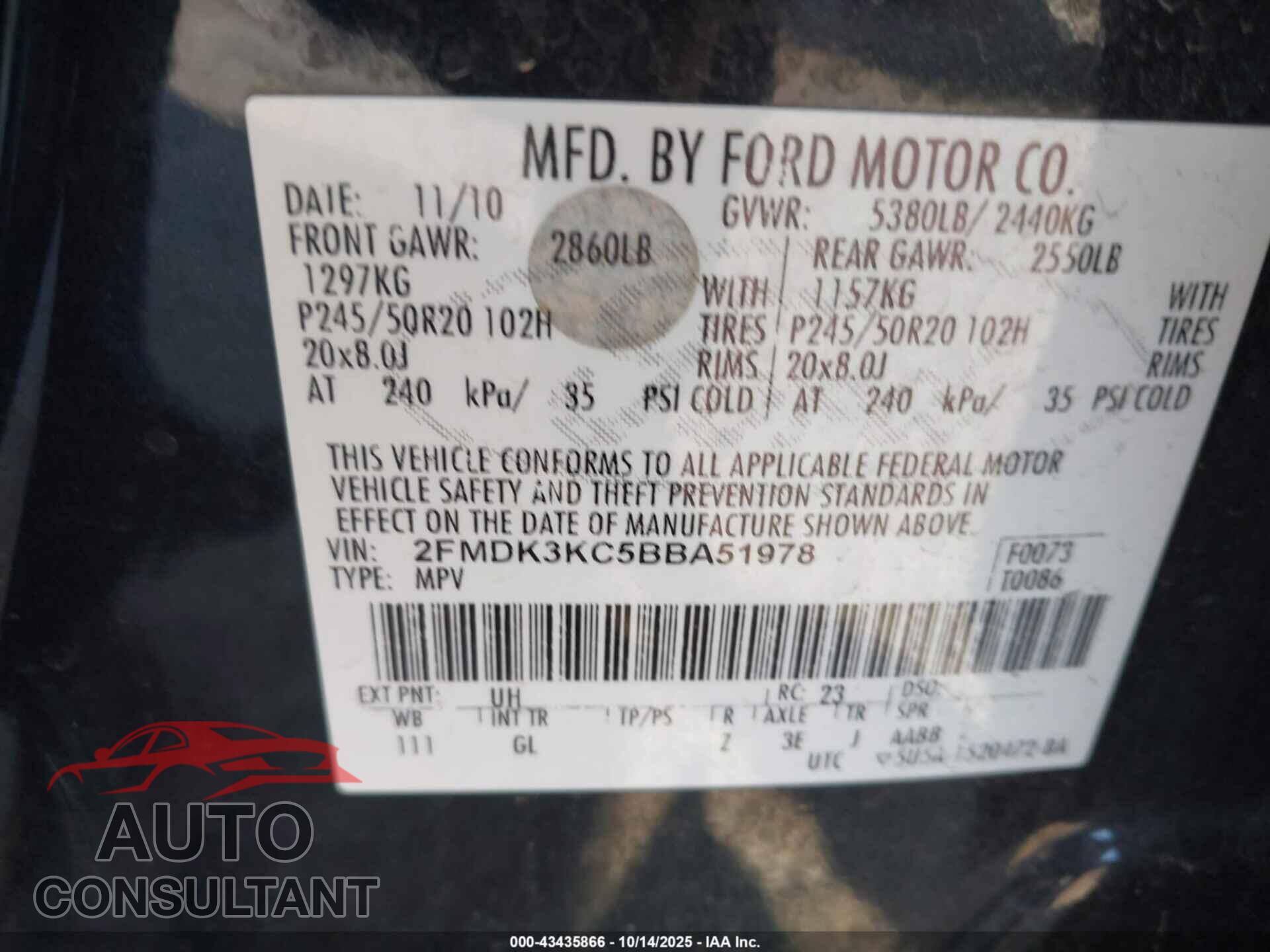FORD EDGE 2011 - 2FMDK3KC5BBA51978