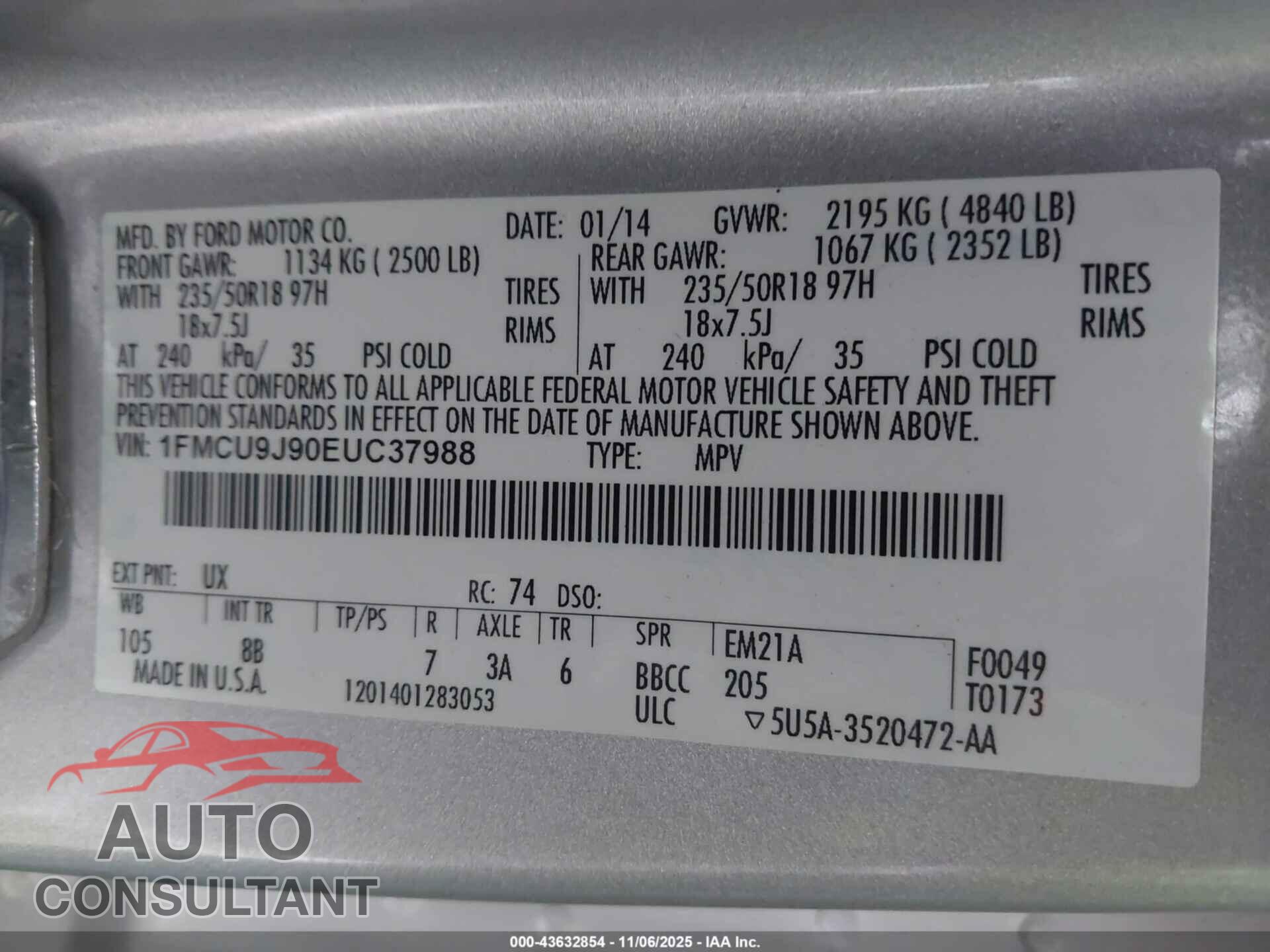 FORD ESCAPE 2014 - 1FMCU9J90EUC37988