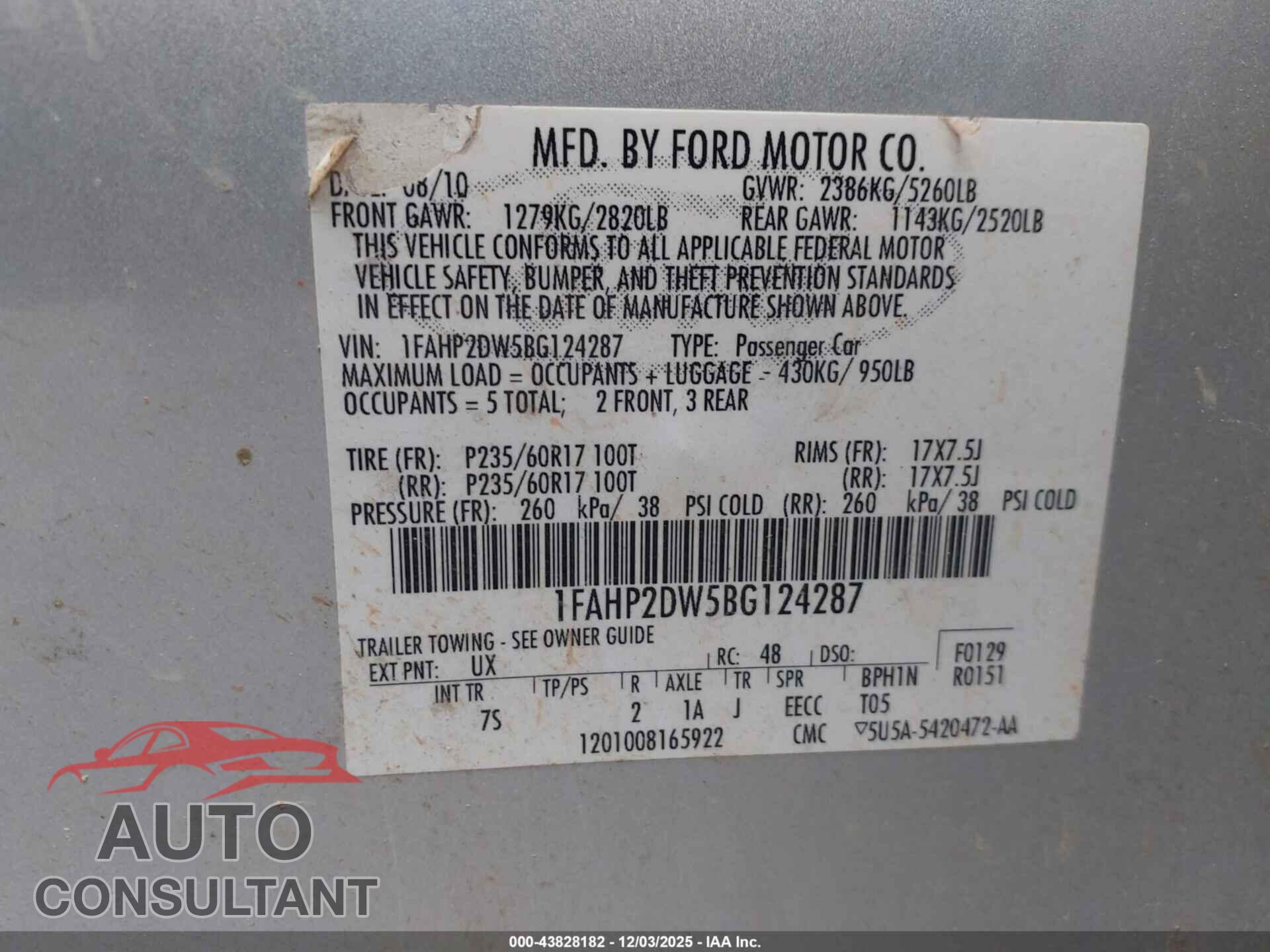 FORD TAURUS 2011 - 1FAHP2DW5BG124287