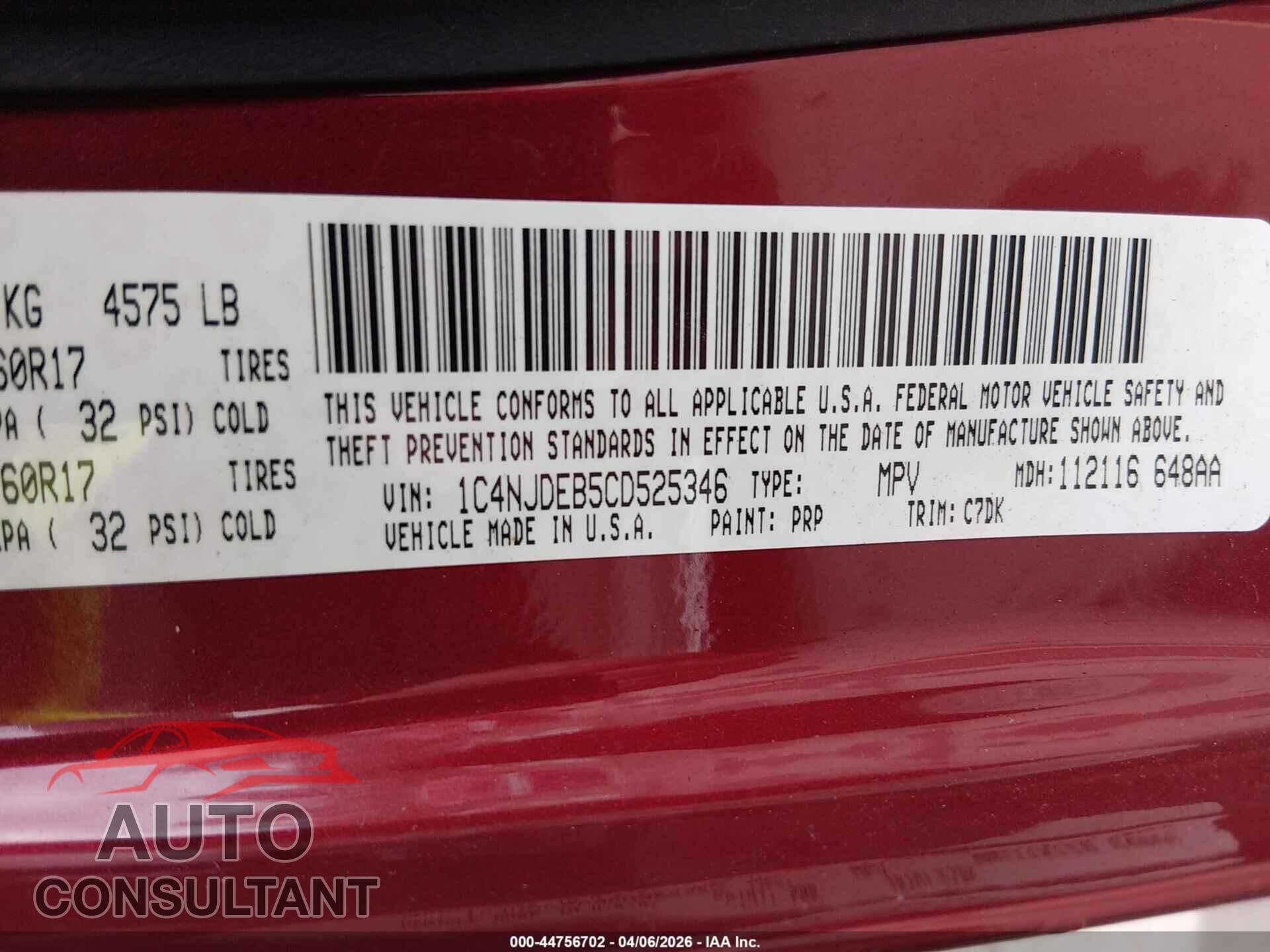 JEEP COMPASS 2012 - 1C4NJDEB5CD525346