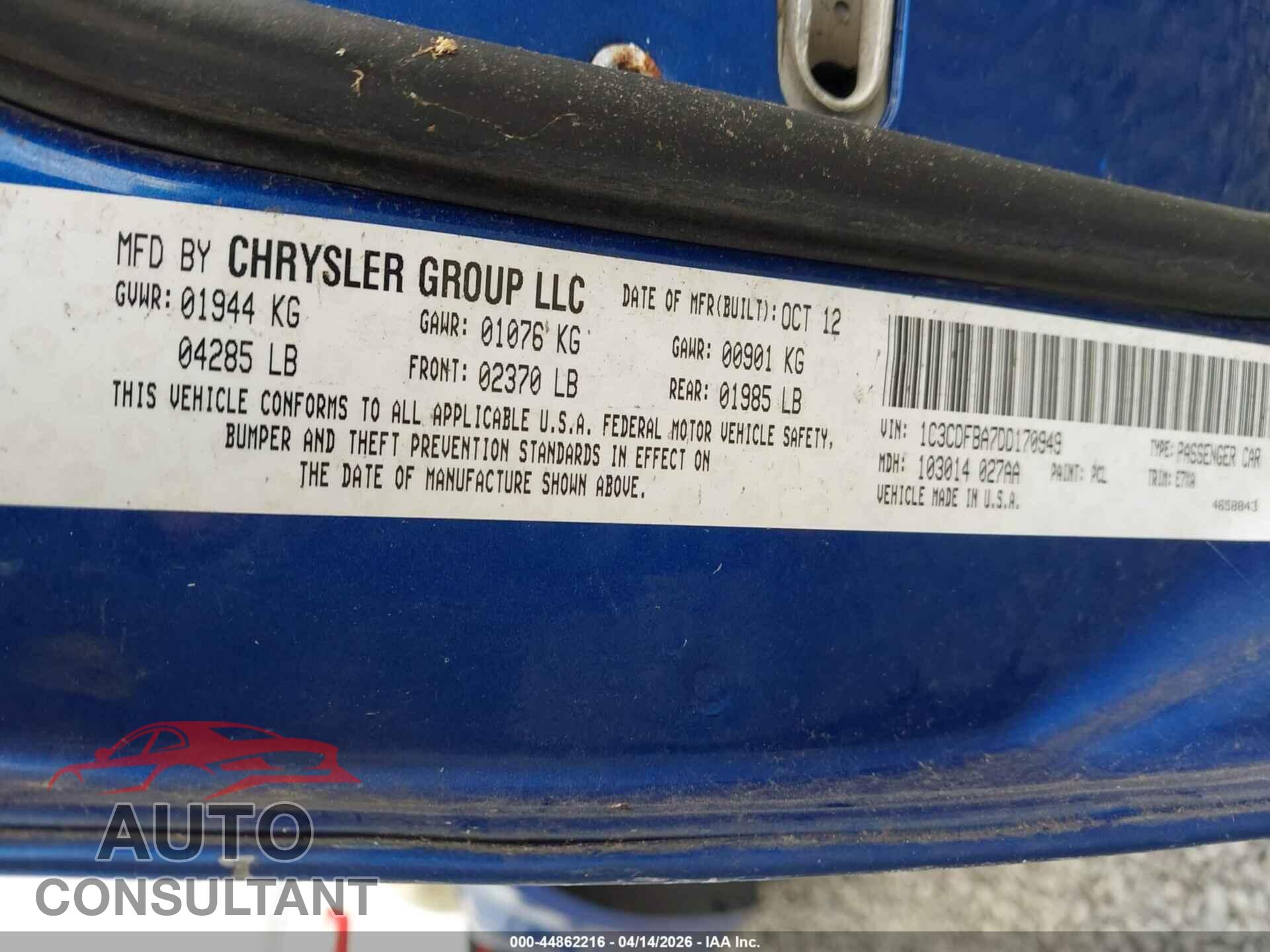 DODGE DART 2013 - 1C3CDFBA7DD170949