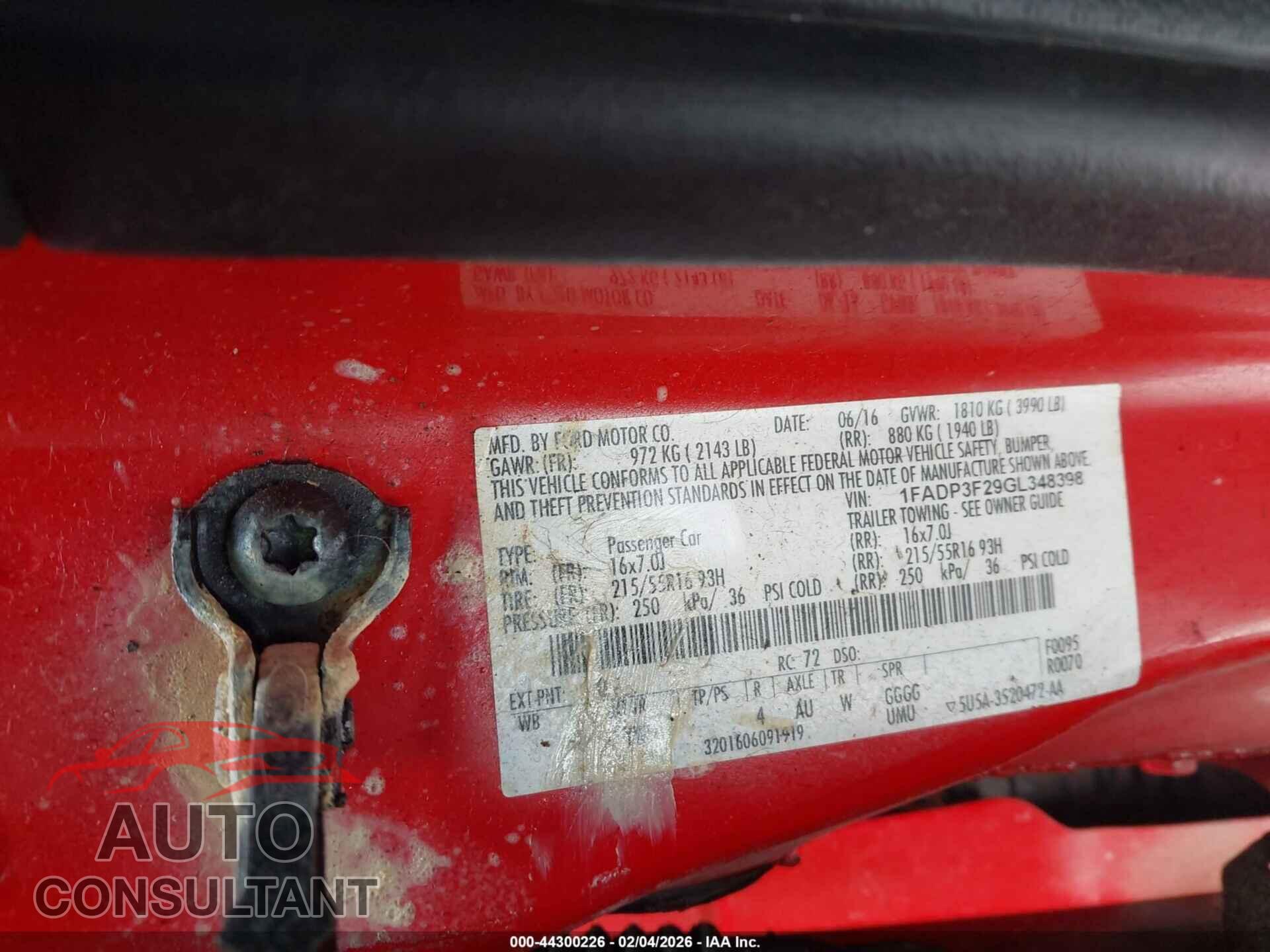 FORD FOCUS 2016 - 1FADP3F29GL348398