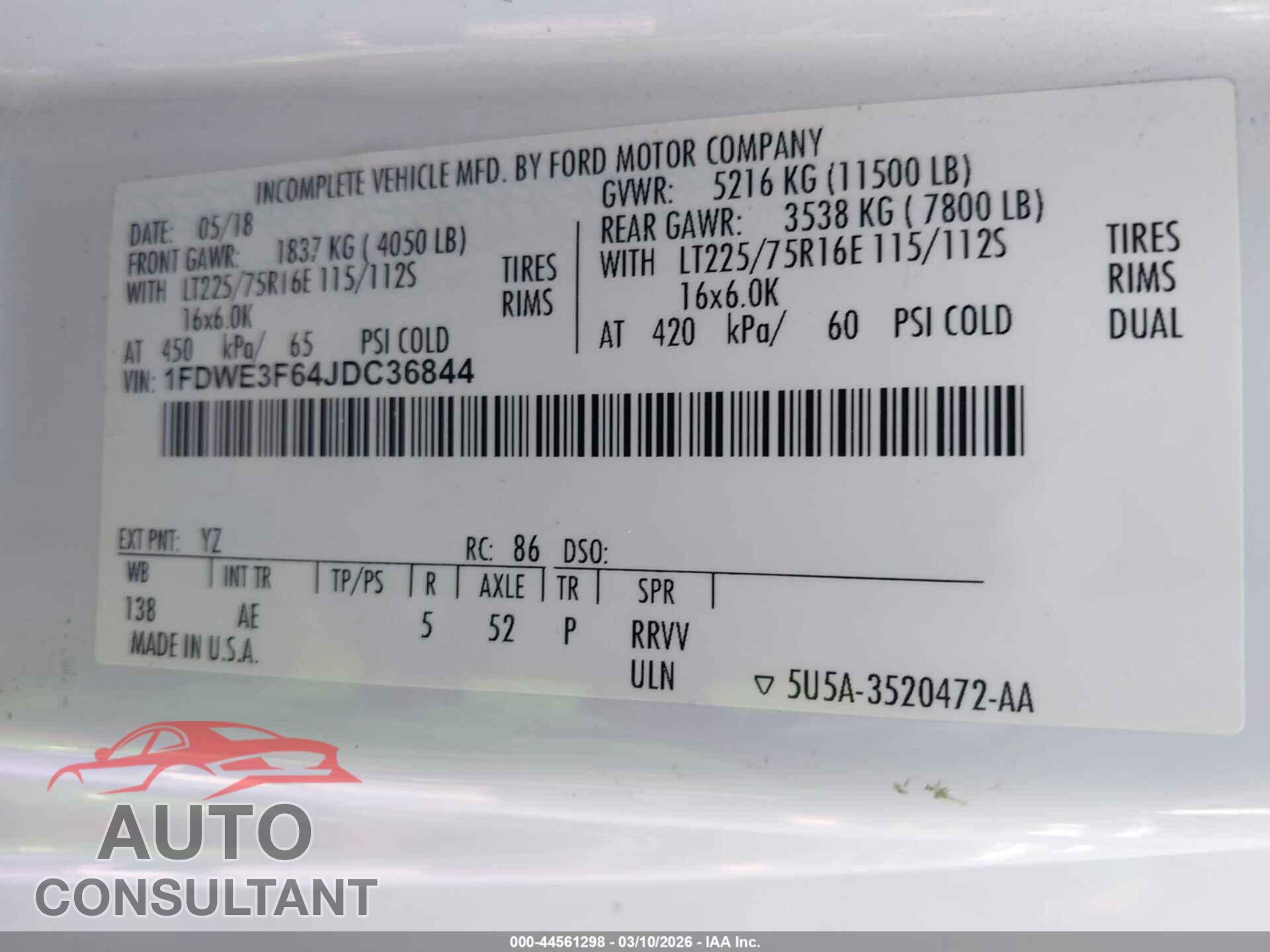 FORD E-350 CUTAWAY 2018 - 1FDWE3F64JDC36844