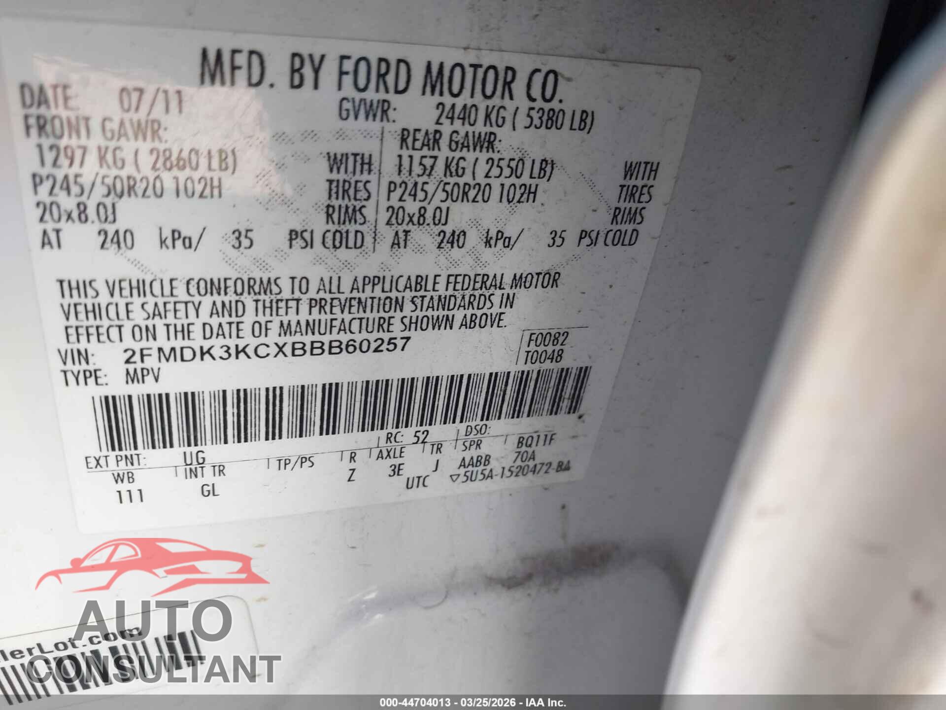 FORD EDGE 2011 - 2FMDK3KCXBBB60257