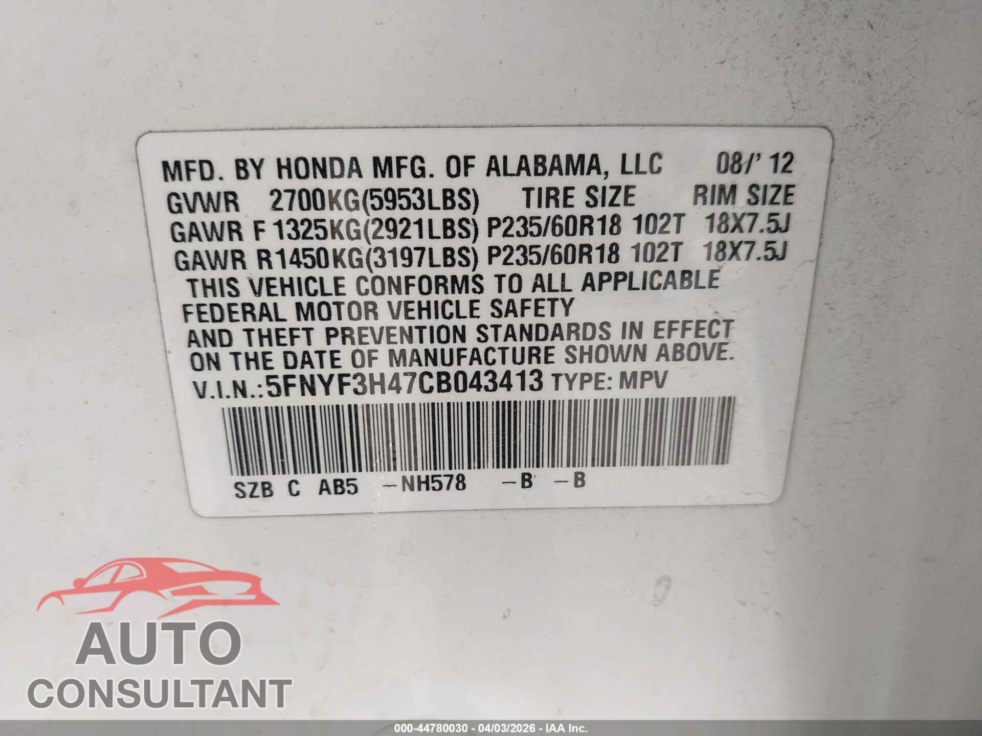 HONDA PILOT 2012 - 5FNYF3H47CB043413